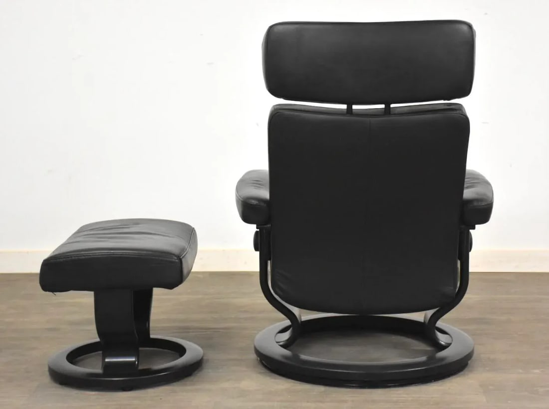 1960s Black Leather Ekornes Stressless Recliner and Ottoman - 3