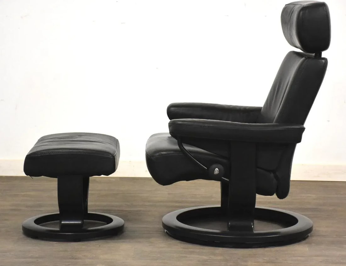 1960s Black Leather Ekornes Stressless Recliner and Ottoman - 4