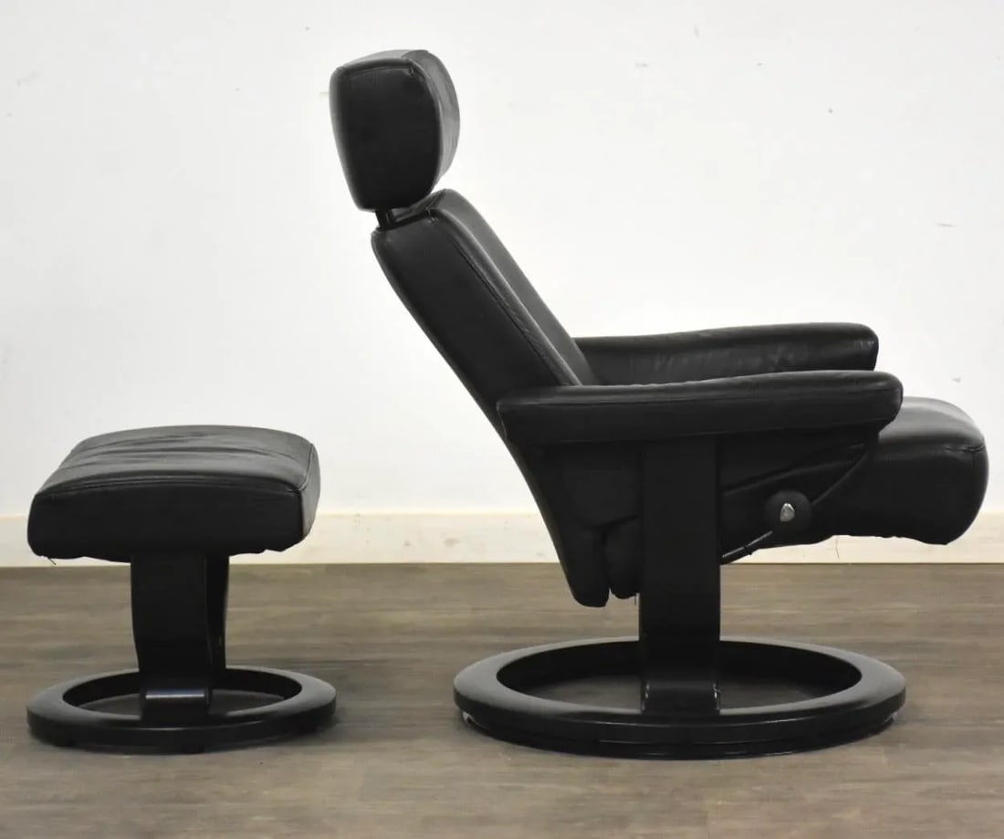 1960s Black Leather Ekornes Stressless Recliner and Ottoman - 5