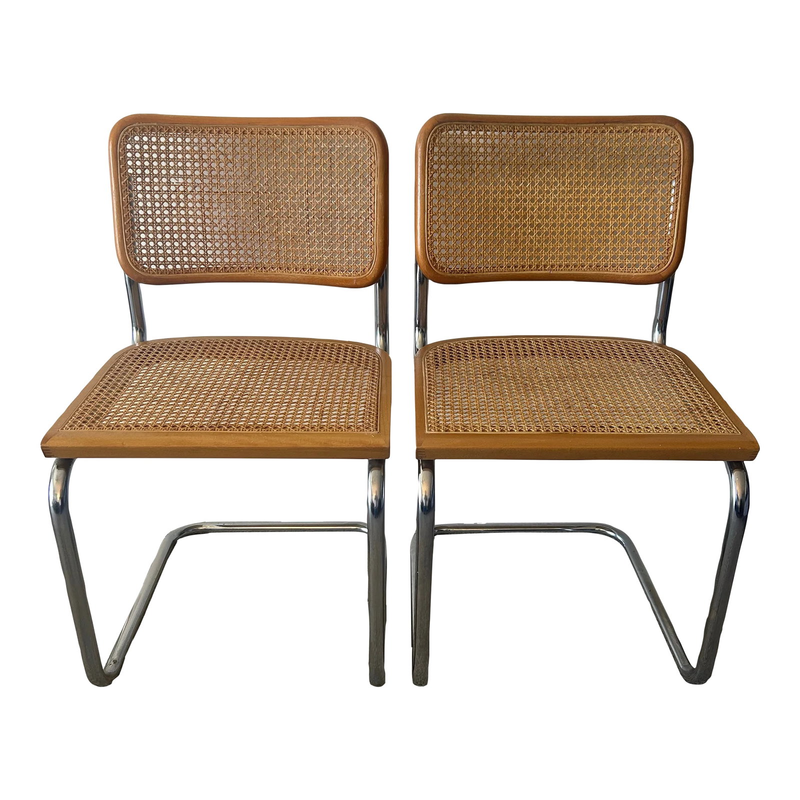 Late 20th Century Mid Century Cantilever Cesca Dining Chairs Attributed to Marcel Breuer Set of 2: Classic wicker and chrome cantilever chairs Cesca style perfect chairs for your home . Set of 2 in good condition simple mid century look Condition: Alterations: Original Condition Unaltered Imperfect