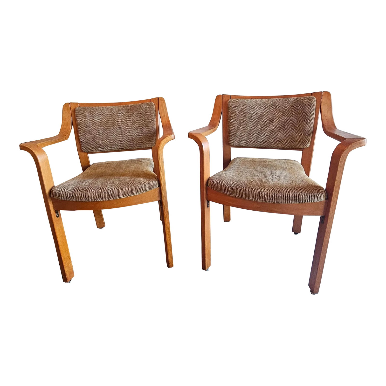 1986 Pair of Shelby Williams Chairs: Very rare pair of Shelby Williams chairs in Scandinavian style. These chairs are made with light finished hard wood, featuring flared out bent of arm rests and original tweed style upholstery. One of