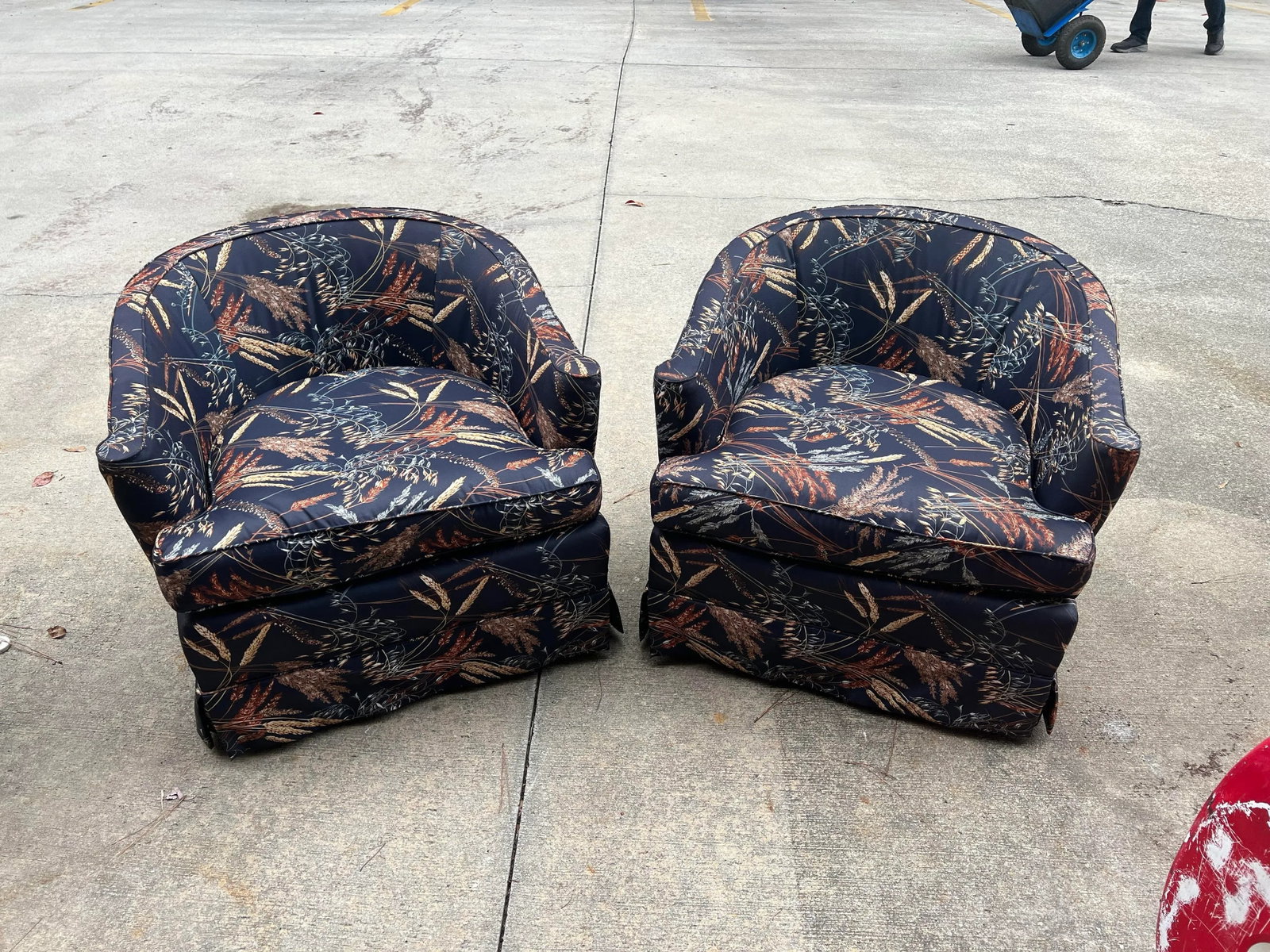 1970s Chanel Inspired Dark Blue Navy Upholstered Wheat Swiveling Chairs - Set of 2 - 10