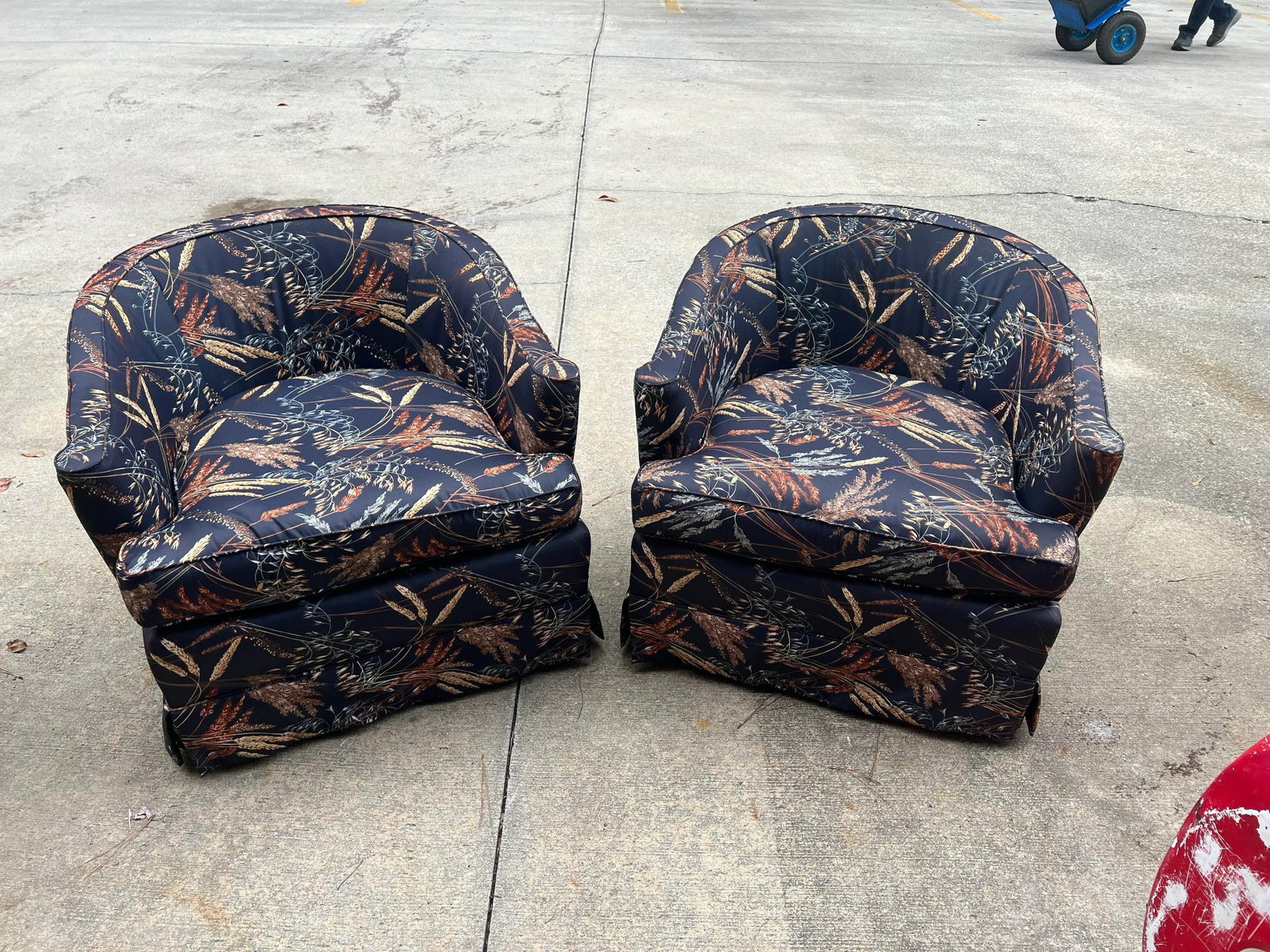 1970s Chanel Inspired Dark Blue Navy Upholstered Wheat Swiveling Chairs - Set of 2 - 11