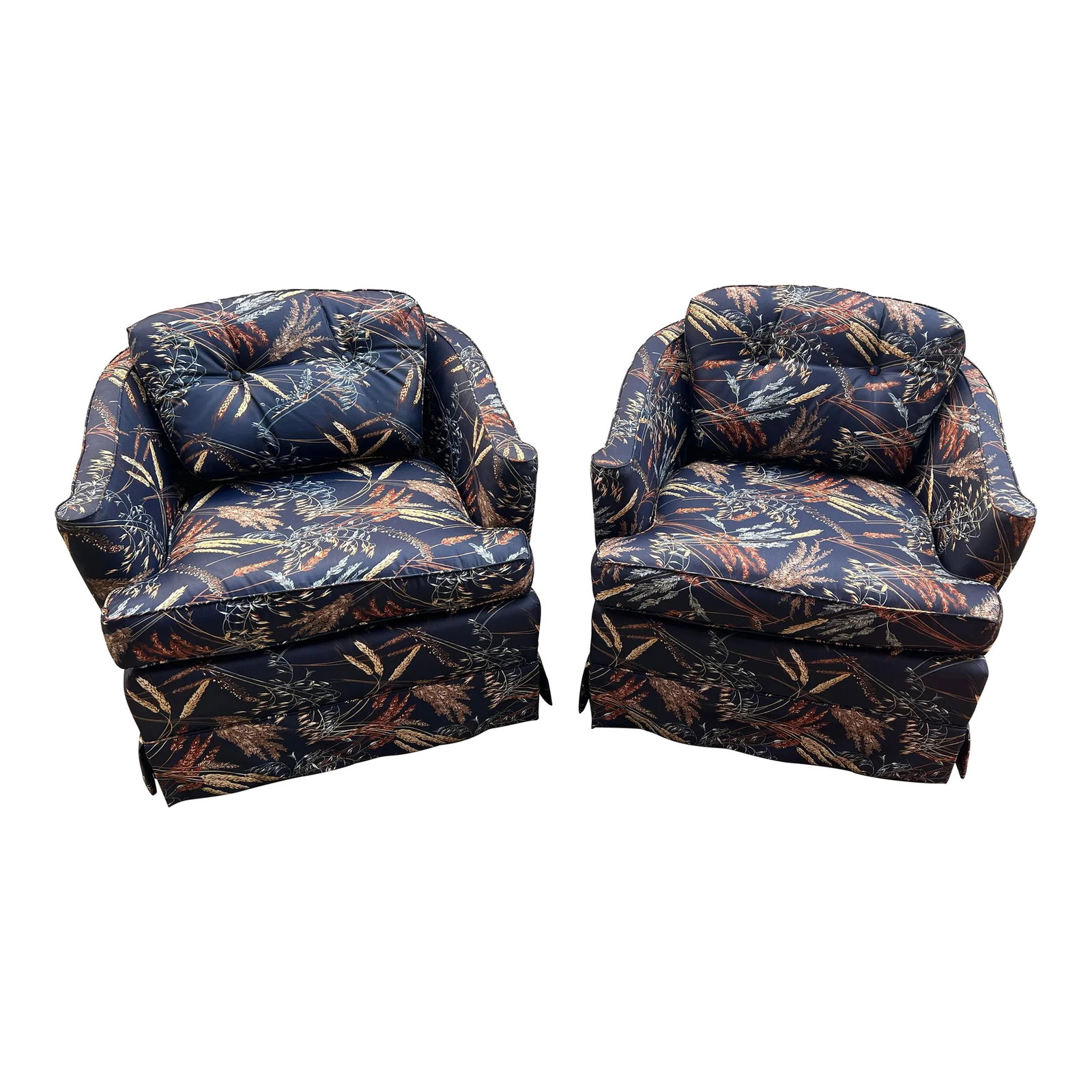 1970s Chanel Inspired Dark Blue Navy Upholstered Wheat Swiveling Chairs - Set of 2: Up for consideration is a beautiful pair of Chanel inspired navy blue swivel chairs with wheat accents. These would look perfect in your home and they are a great find for the interior design enthusia