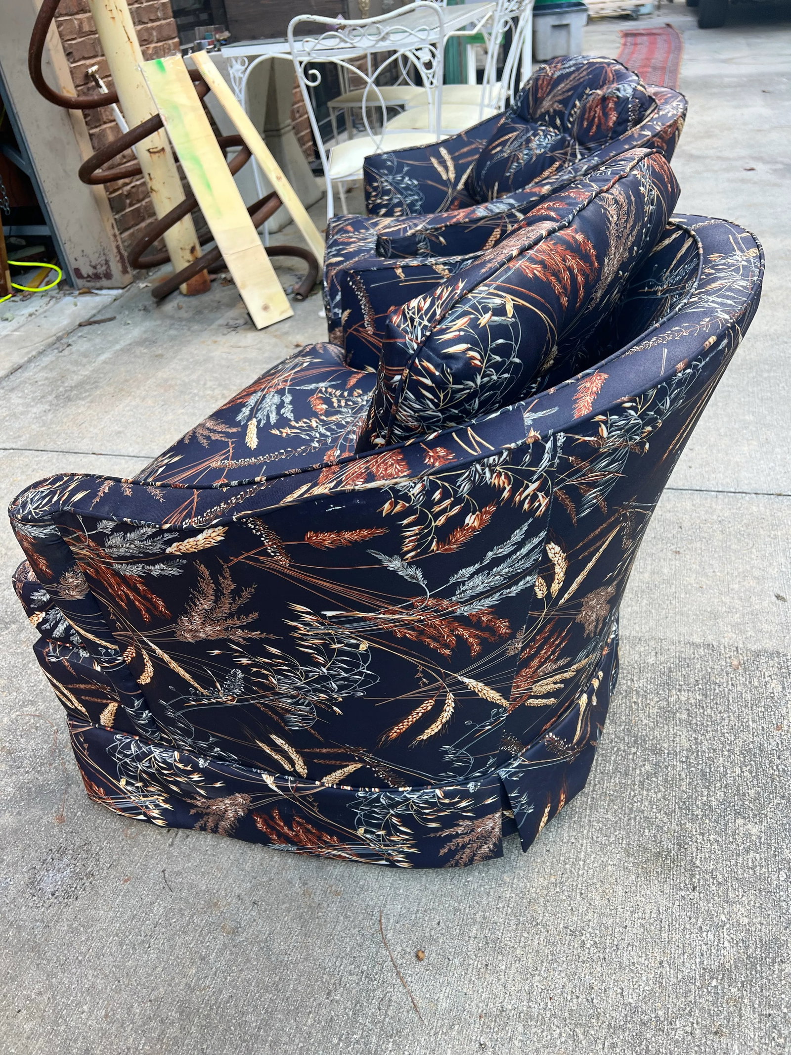1970s Chanel Inspired Dark Blue Navy Upholstered Wheat Swiveling Chairs - Set of 2 - 5