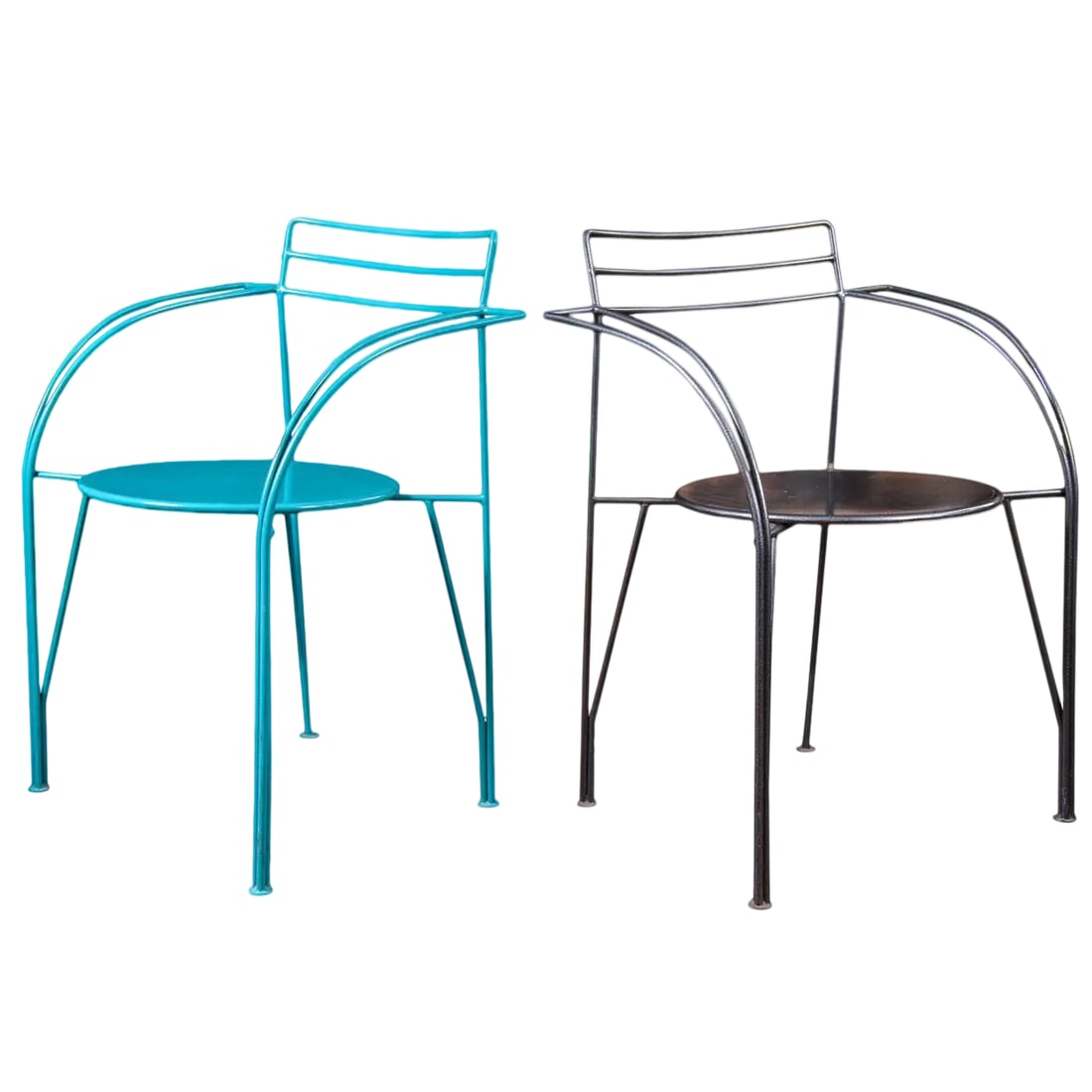 Powder-Coated Lune d'Argent Metal Armchairs - a Pair: Pair of powder-coated metal armchairs, one metallic grey and the other teal blue. Lune d'Argent chairs created by Pascal Mourgue. Condition: Alterations: Unknown Imperfections: Some Imperfections Cond