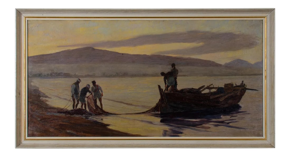 Early 20th Century Philip Thomson Gilchrist Oil Painting: Philip Thomson Gilchrist (British, 1865-1956) fishermen at dusk oil on canvas signed lower left sight: 29 1/4 by 14 1/2 inches frame: 32 by 17 1/4 inches Philip Thomson Gilchrist born at Stanwix,