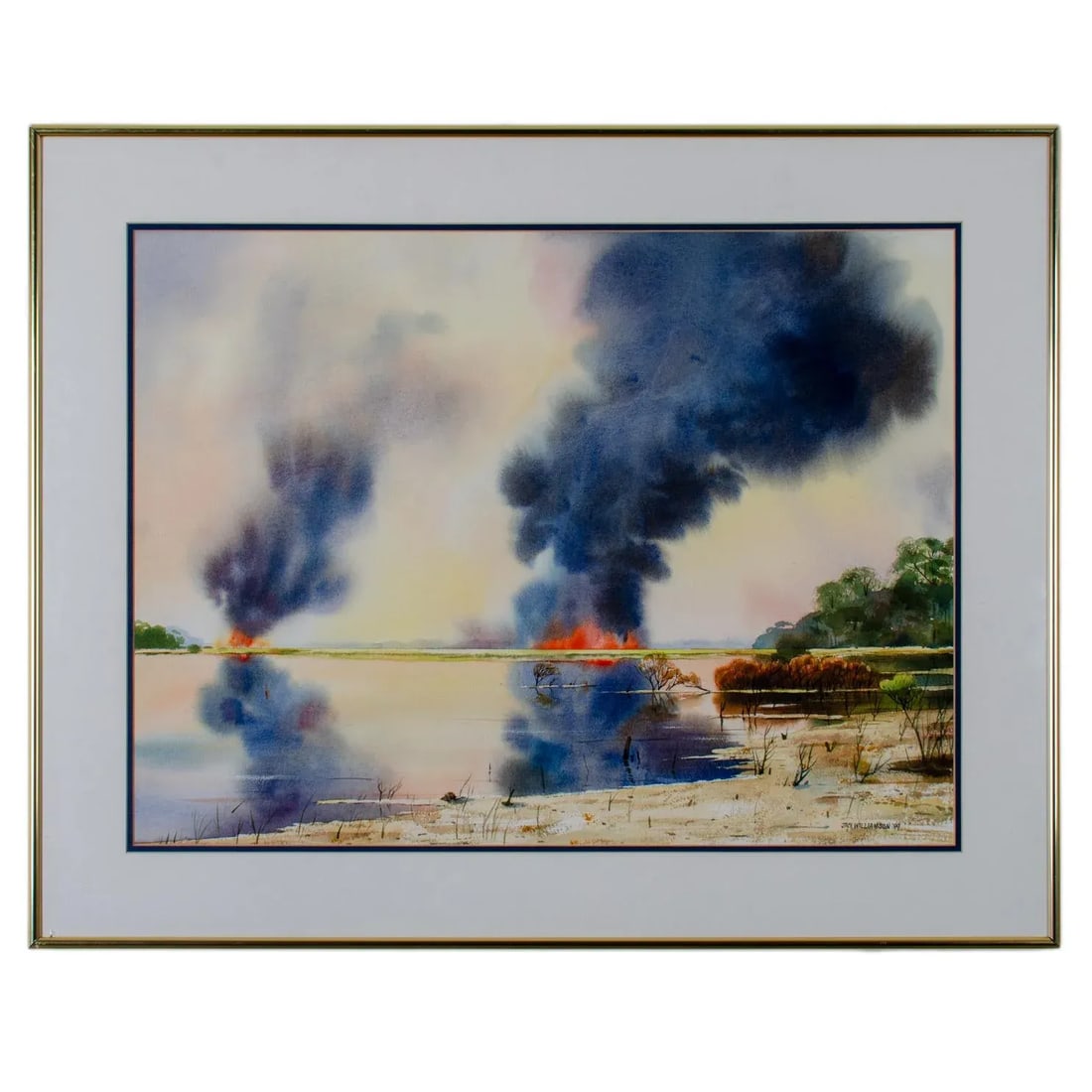 "Controlled Burn" Lowcountry Watercolor Painting by Jack Williamson: Jack Williamson (South Carolina, b. 1927) Controlled Burn watercolor on paper Depicting two fires burning amidst a low-country marsh scene. These prescribed burnings are practiced by the Savannah