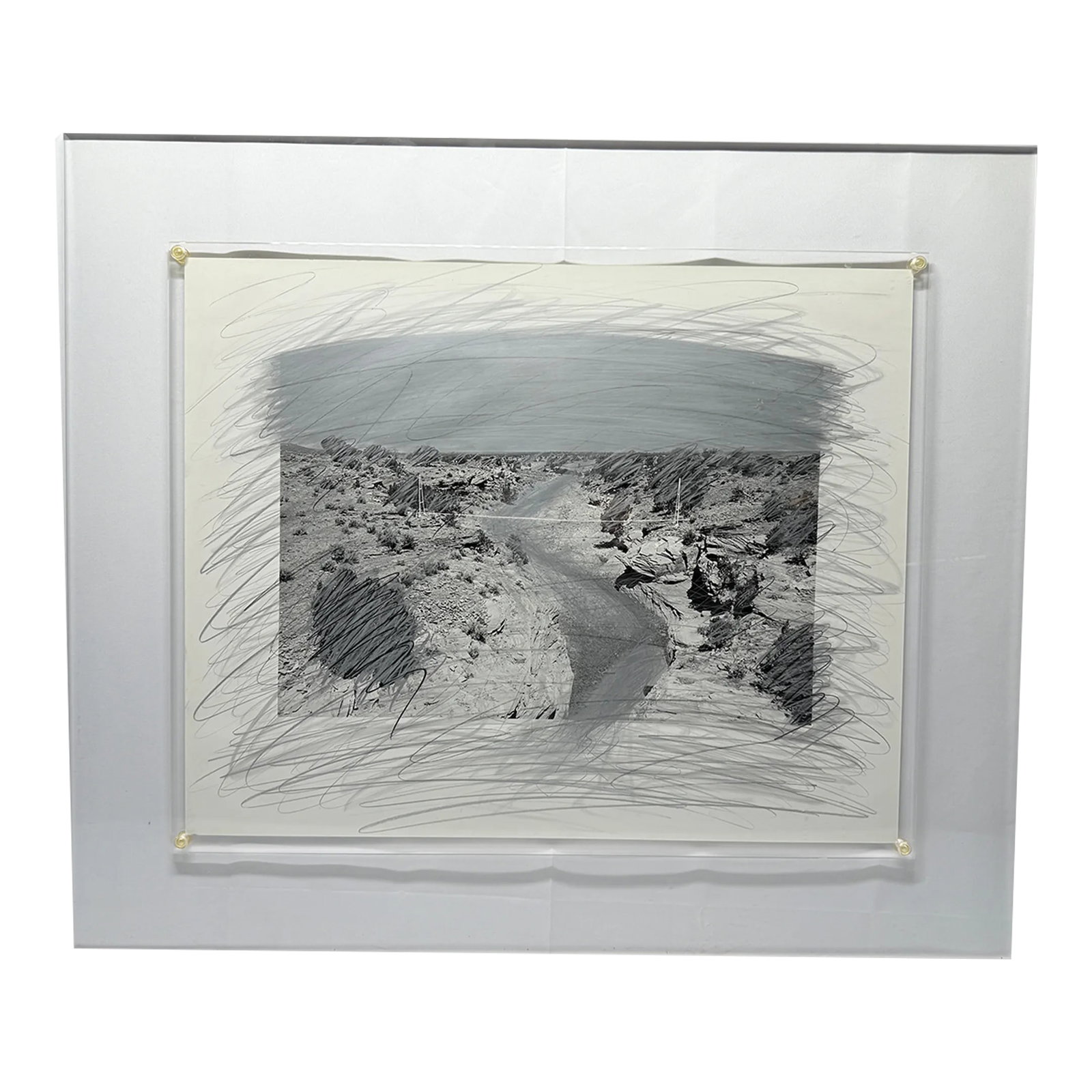 Rick Dingus "Navajo Pipeline" Graphite on Photograph C. 1980 Signed: **Rick Dingus, "Navajo Pipeline," Graphite on Photograph, c. 1980, Signed** Measures 27" w x 23" h (framed), 15.875" x 20" w (art) This extraordinary mixed-media artwork by celebrated contemporary