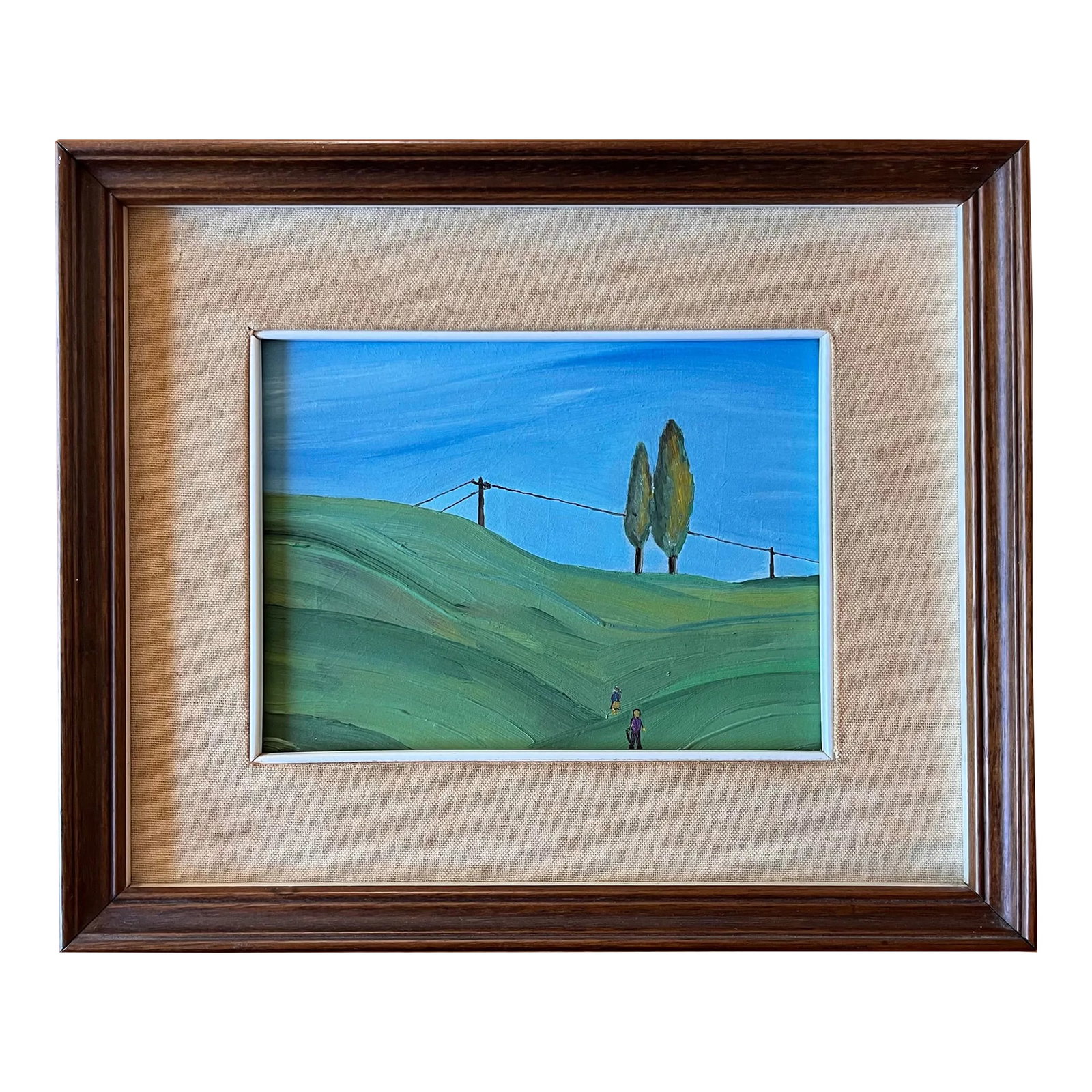 Vintage Italian School Painting: Vintage Italian school landscape painting with beautiful blues and greens. Wood frame and linen matting. Unsigned. Site - 8.75" x 6.5" Frame - 14.25" x 11.75" x 1.75" Condition: Alterations: Original 