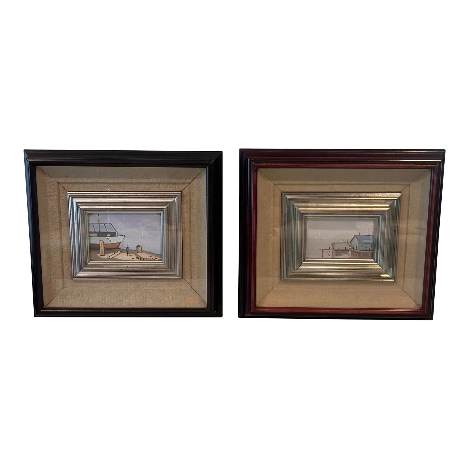 Pair of Vintage Italian School Framed Paintings: Set of 2 complimentary vintage Italian art school paintings of a dock scene with boat. Each painting has a double frame with glass and painted silver wood interior frame and maroon stained exterior