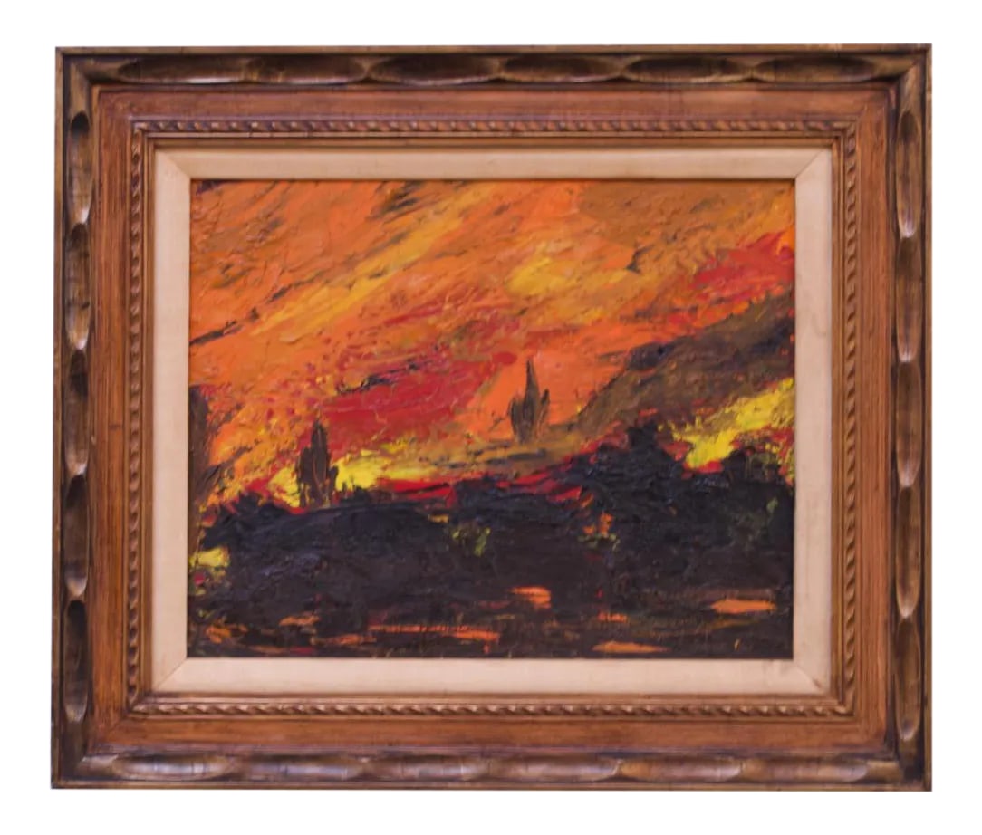 1960s Dorothy Funk Desert Landscape Oil on Canvas: Oil on canvas depicting a desert landscape with cacti and dunes signed "Dorothy Funk." Pleasing combination of reds, yellows, and oranges make up the background. We have two oil painting by the artist