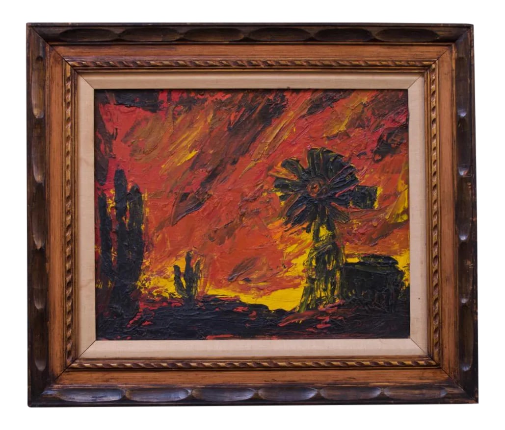 1968 Dorothy Funk "Windmill" Oil on Canvas: Oil on canvas depicting a windmill in the desert among cacti signed "Dorothy Funk '68." Pleasing combination of reds, yellows, and oranges make up the landscape. We have two oil painting by the artist