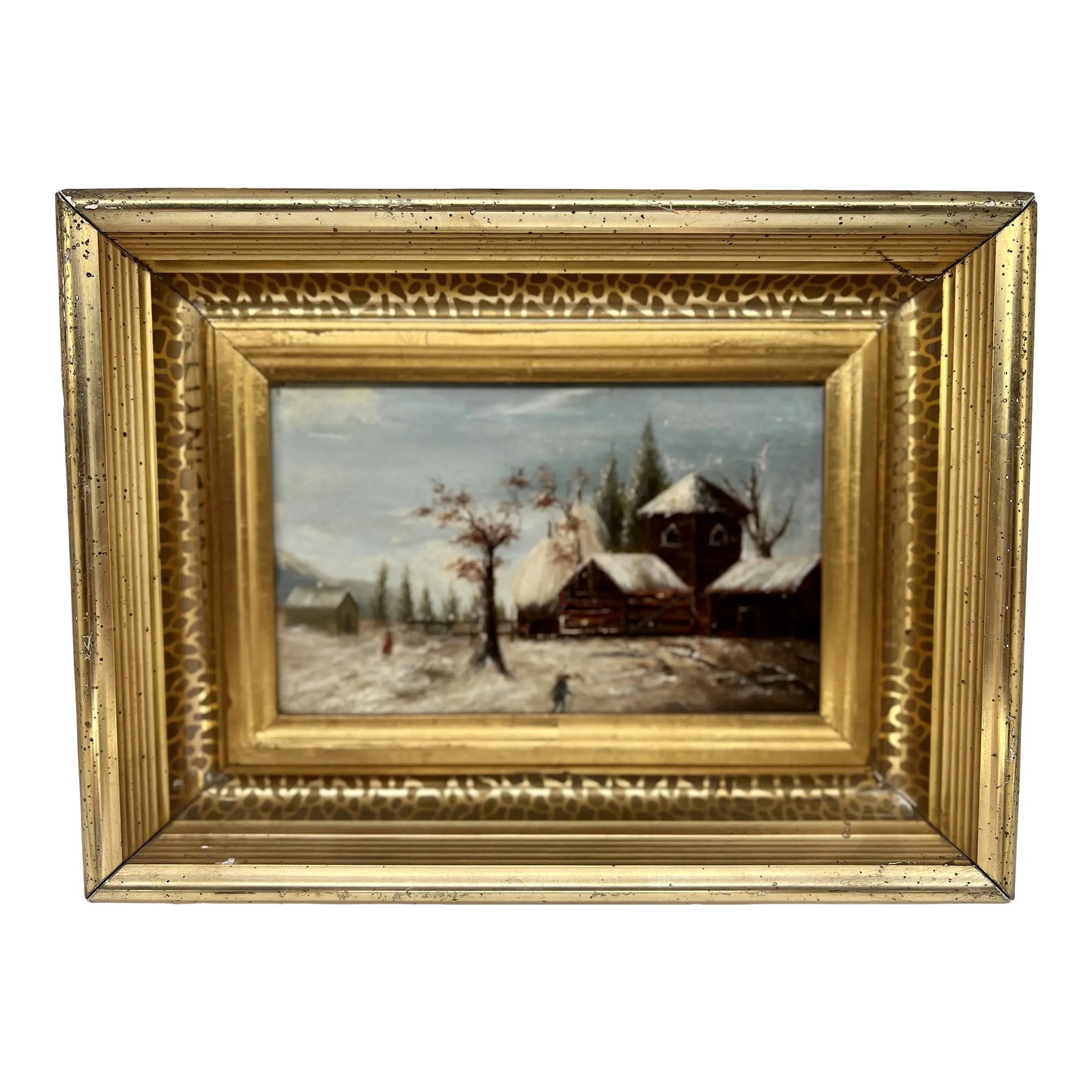 19th Century, American School Snowy Barn Landscape Oil on Board: This evocative 19th-century American School oil on board depicts a serene snowy barn scene, capturing the quiet beauty of rural life in winter. The artist skillfully conveys the stillness of the