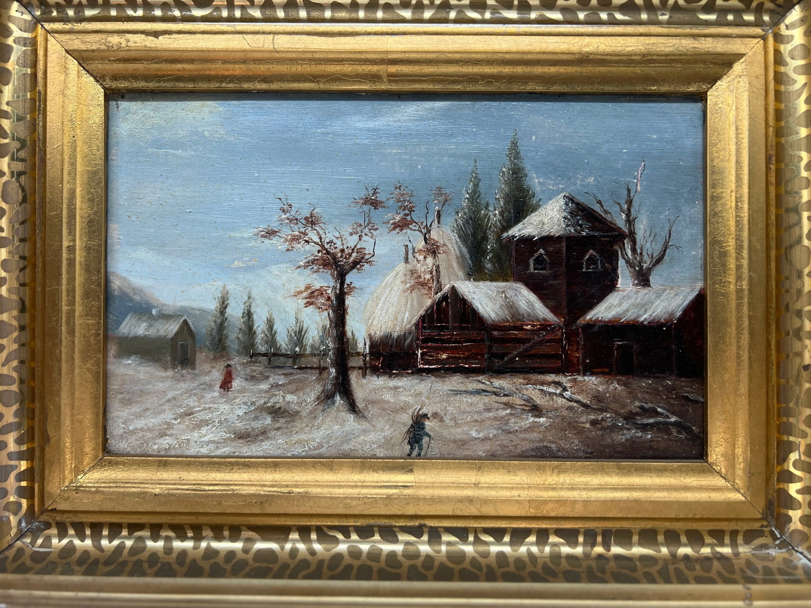 19th Century, American School Snowy Barn Landscape Oil on Board - 2