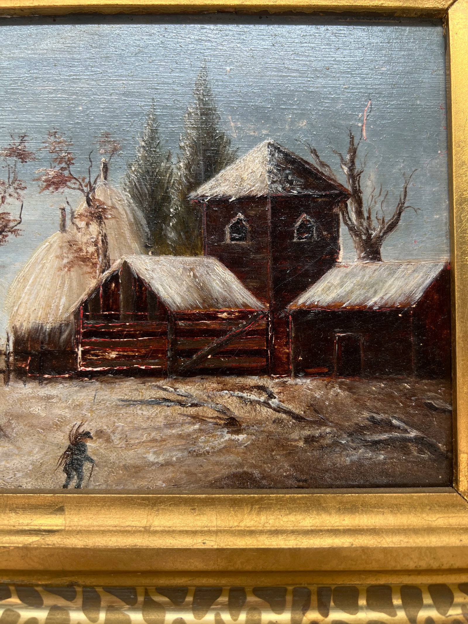 19th Century, American School Snowy Barn Landscape Oil on Board - 5