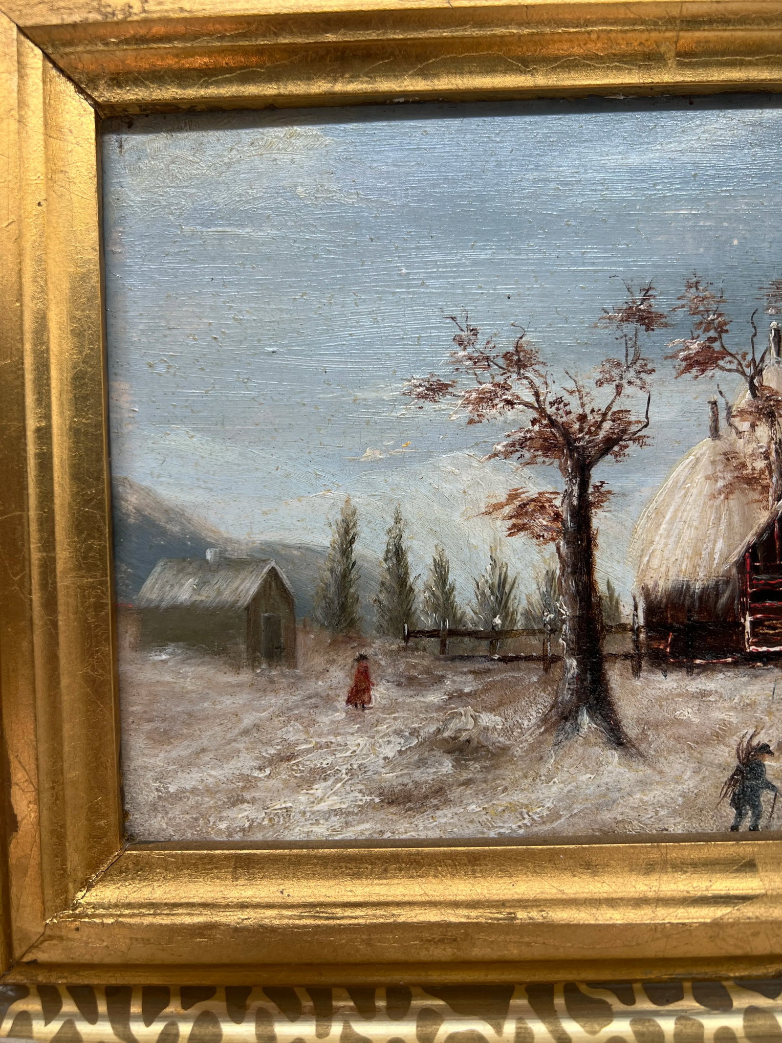 19th Century, American School Snowy Barn Landscape Oil on Board - 6