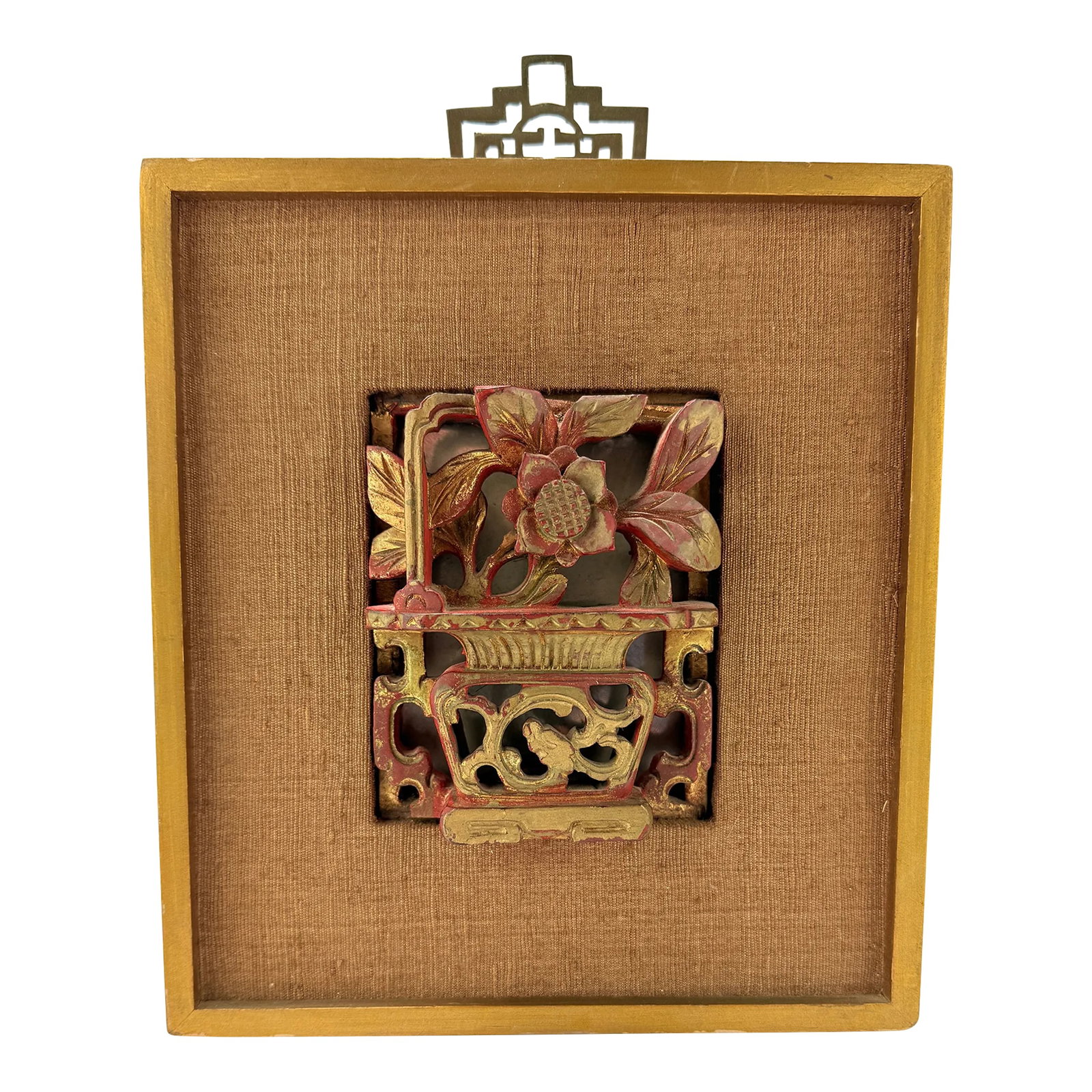 Chinese Qing Dynasty Carved & Giltwood Plaque W/ Mirrored Back: Chinese, framed in the mid 20th century, carving is earlier. An antique Chinese carved and gilt wood bonsai planter with floral arrangement stemming from the pot. The carving is set inside a mid