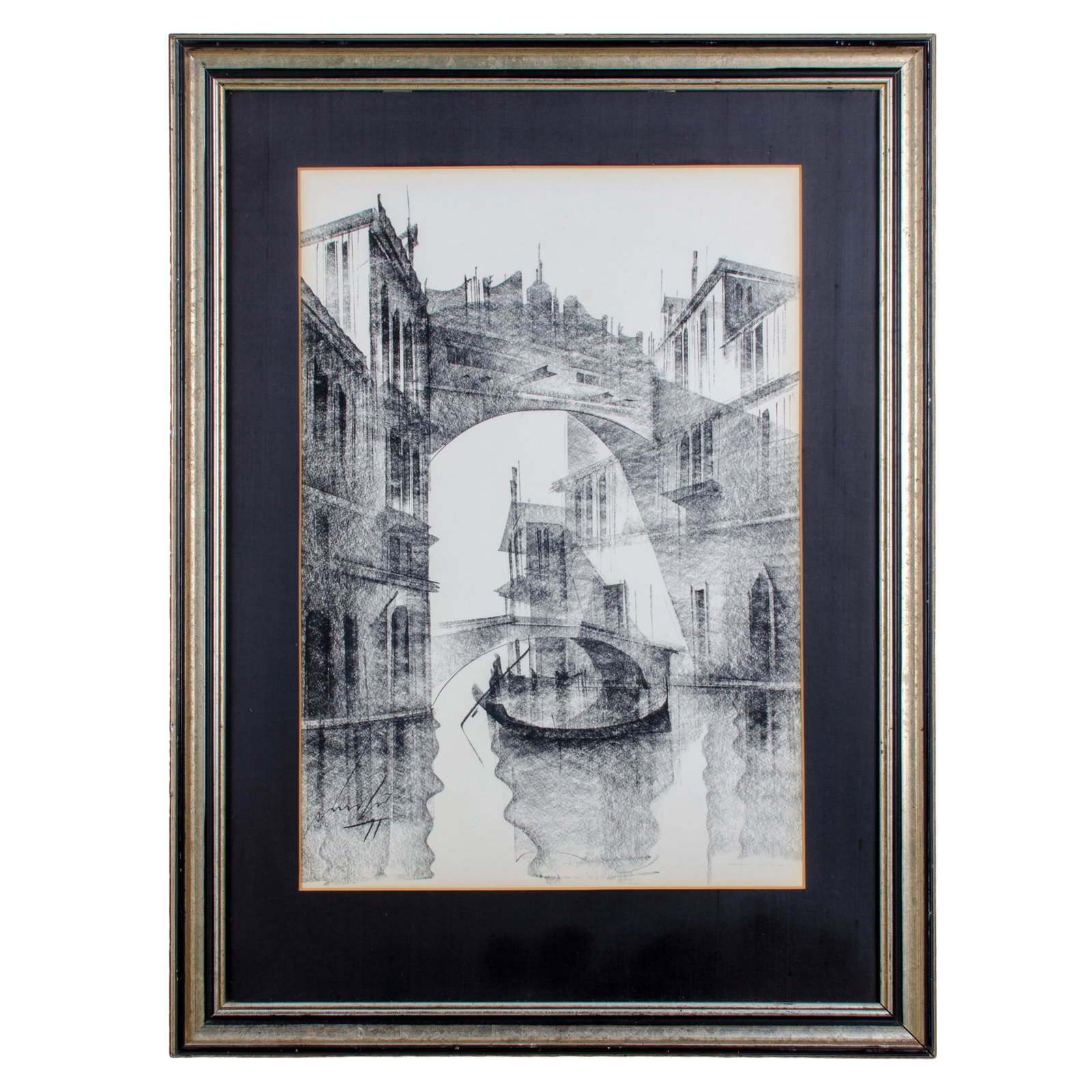 Mid-Century Modern Venice Lithograph: Offered is a lithograph in a mid-century modern style depicting gondolas under a bridge in a Venice canal. sight 13 1/2 by 19 inches frame 20 3/8 by 27 1/8 inches signed lower left, illegible