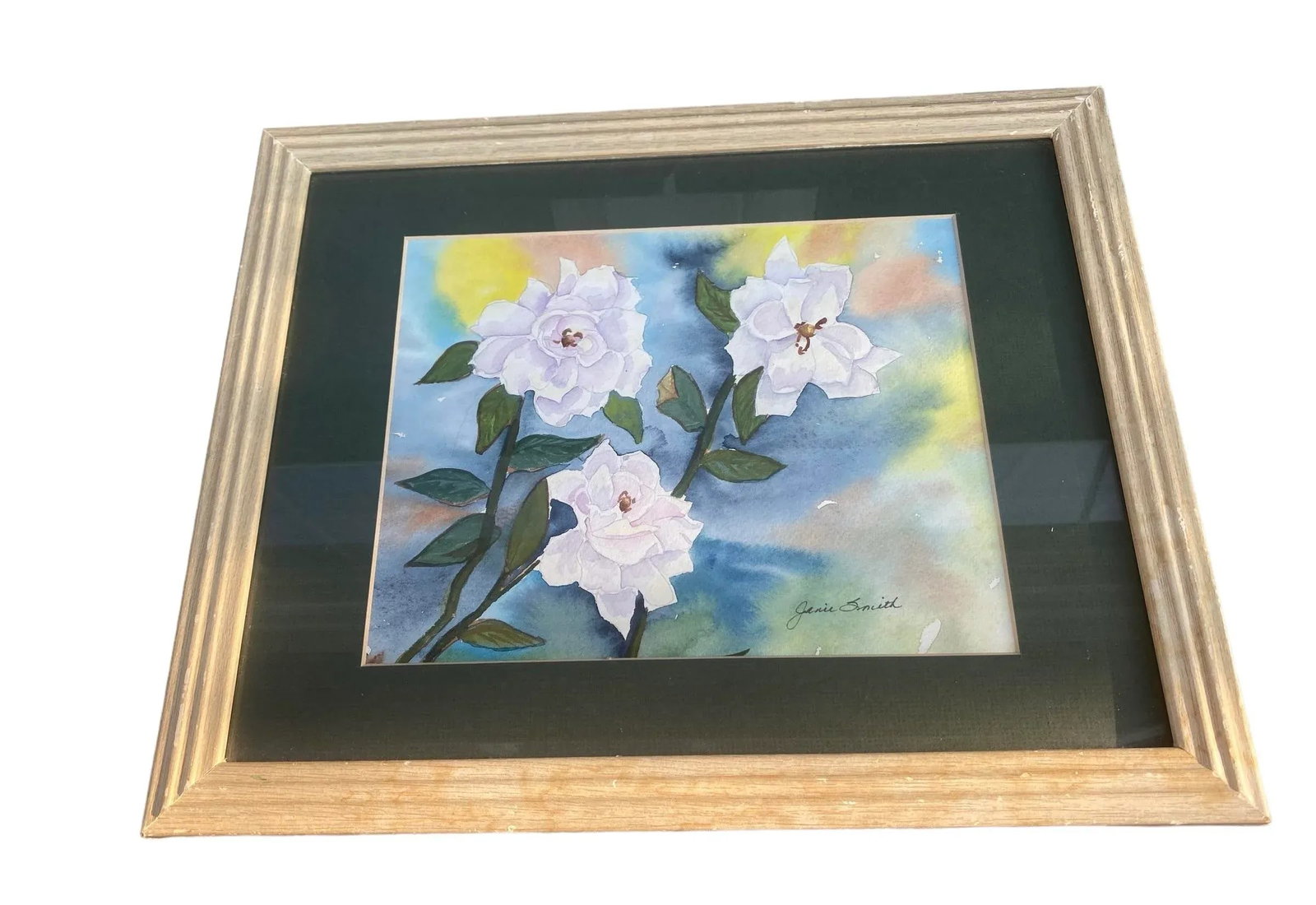 Vintage Framed Watercolor on Paper Floral Study "White Wild Rose" Artist Janie Smith Thomas Nevada - 12