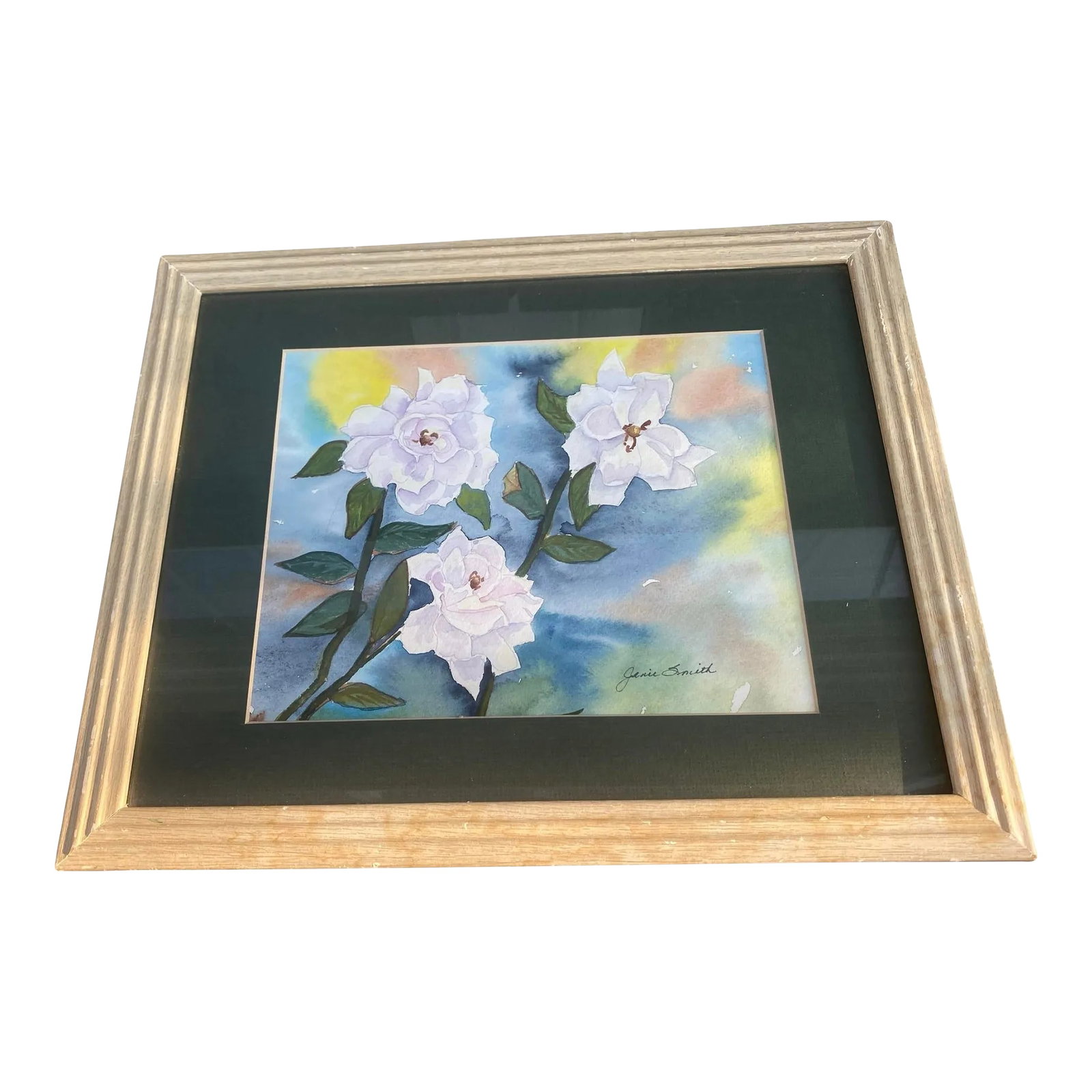 Vintage Framed Watercolor on Paper Floral Study "White Wild Rose" Artist Janie Smith Thomas Nevada: Add a touch of vintage charm to your home with this lovely framed watercolor on paper floral study titled "White Wild Rose" by artist Janie Smith of Thomas, Nevada. Measuring 12.75 inches tall by