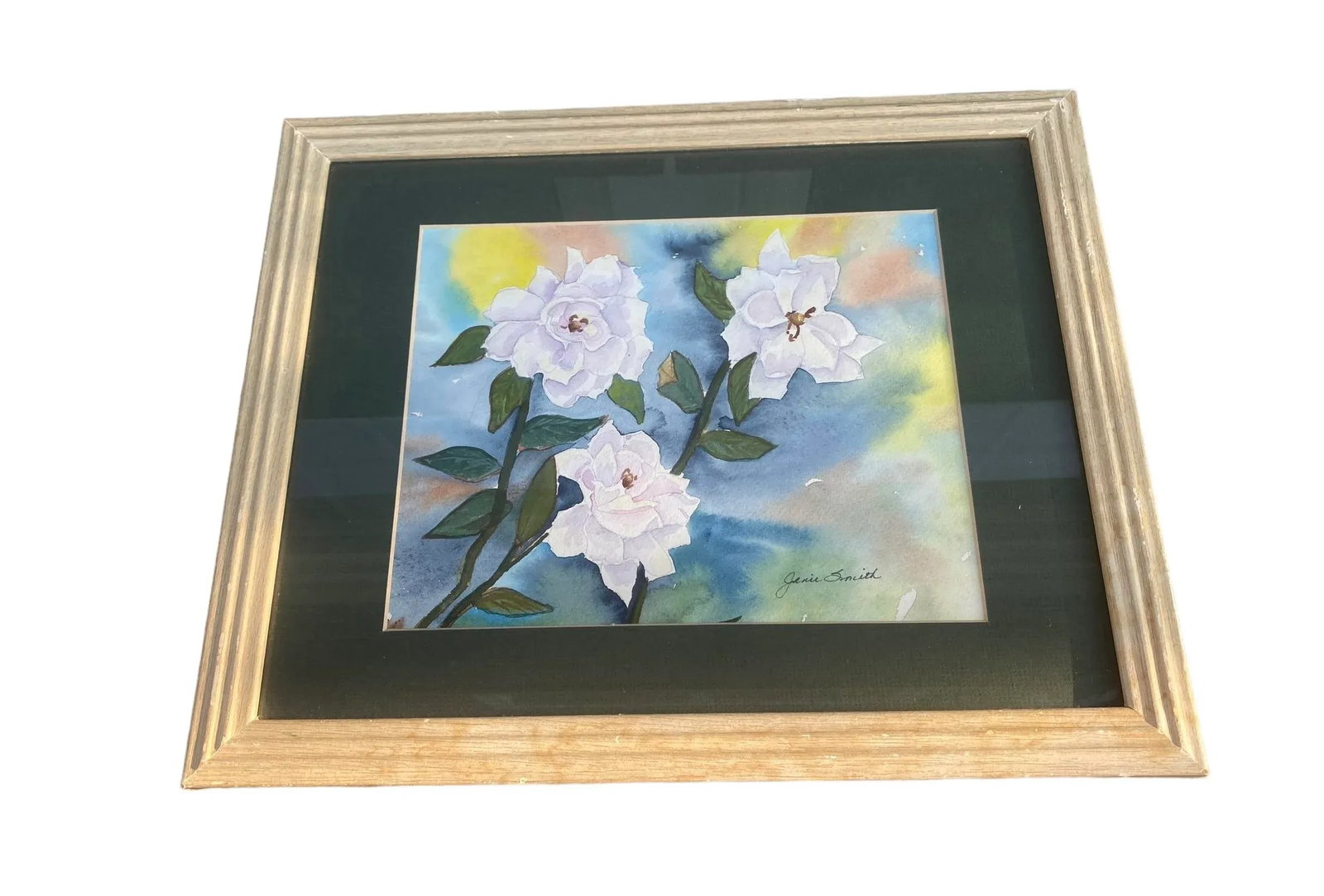 Vintage Framed Watercolor on Paper Floral Study "White Wild Rose" Artist Janie Smith Thomas Nevada - 2