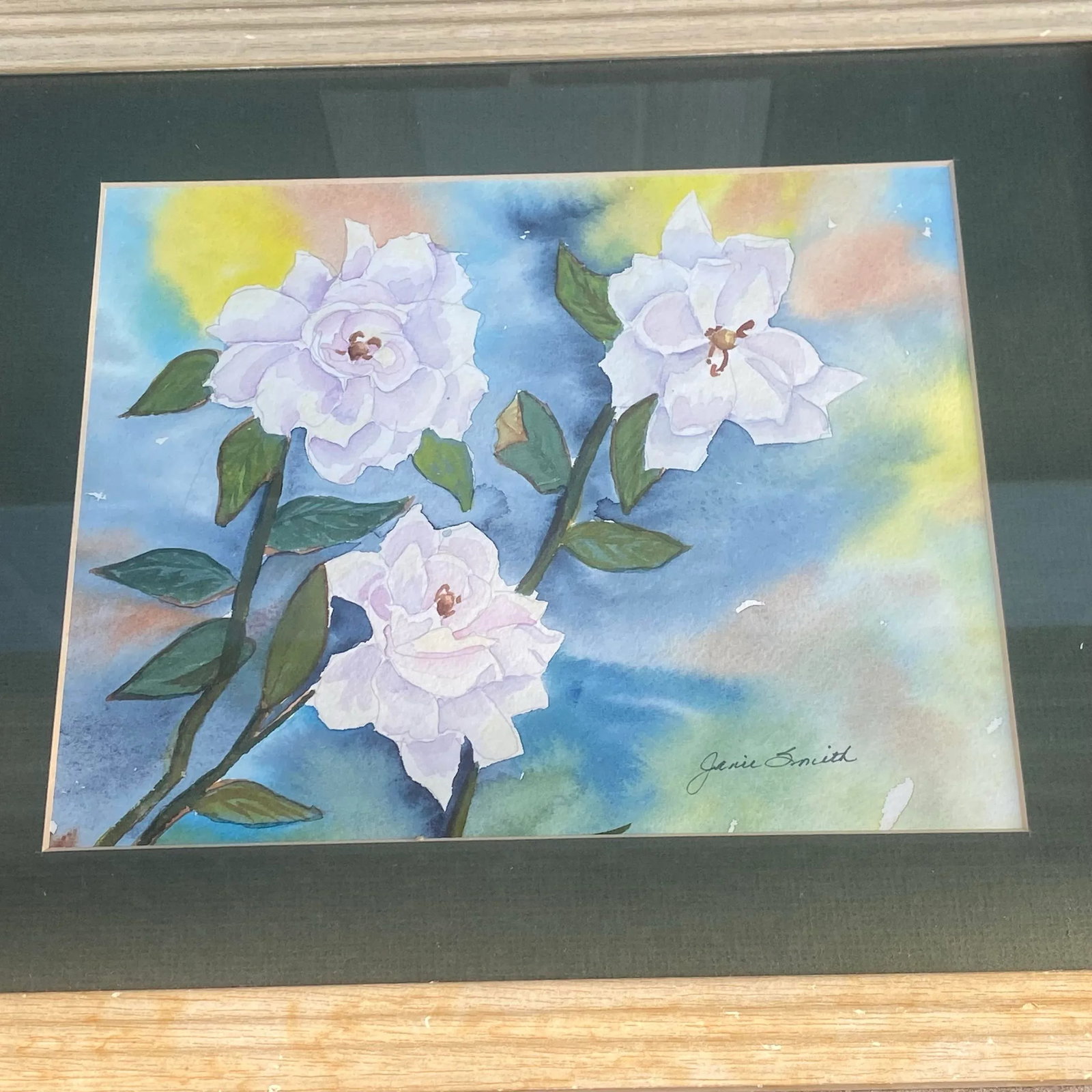 Vintage Framed Watercolor on Paper Floral Study "White Wild Rose" Artist Janie Smith Thomas Nevada - 3
