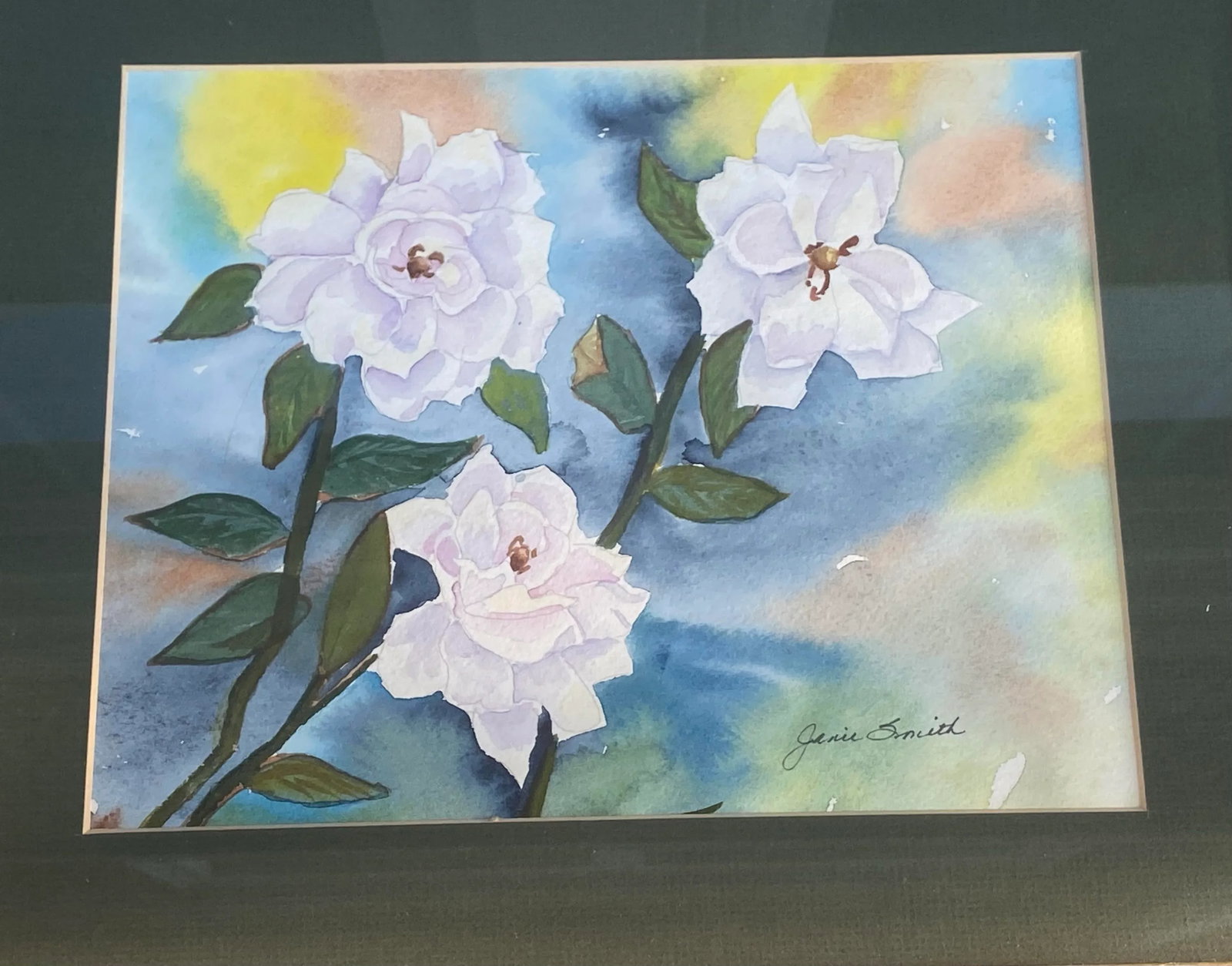 Vintage Framed Watercolor on Paper Floral Study "White Wild Rose" Artist Janie Smith Thomas Nevada - 4