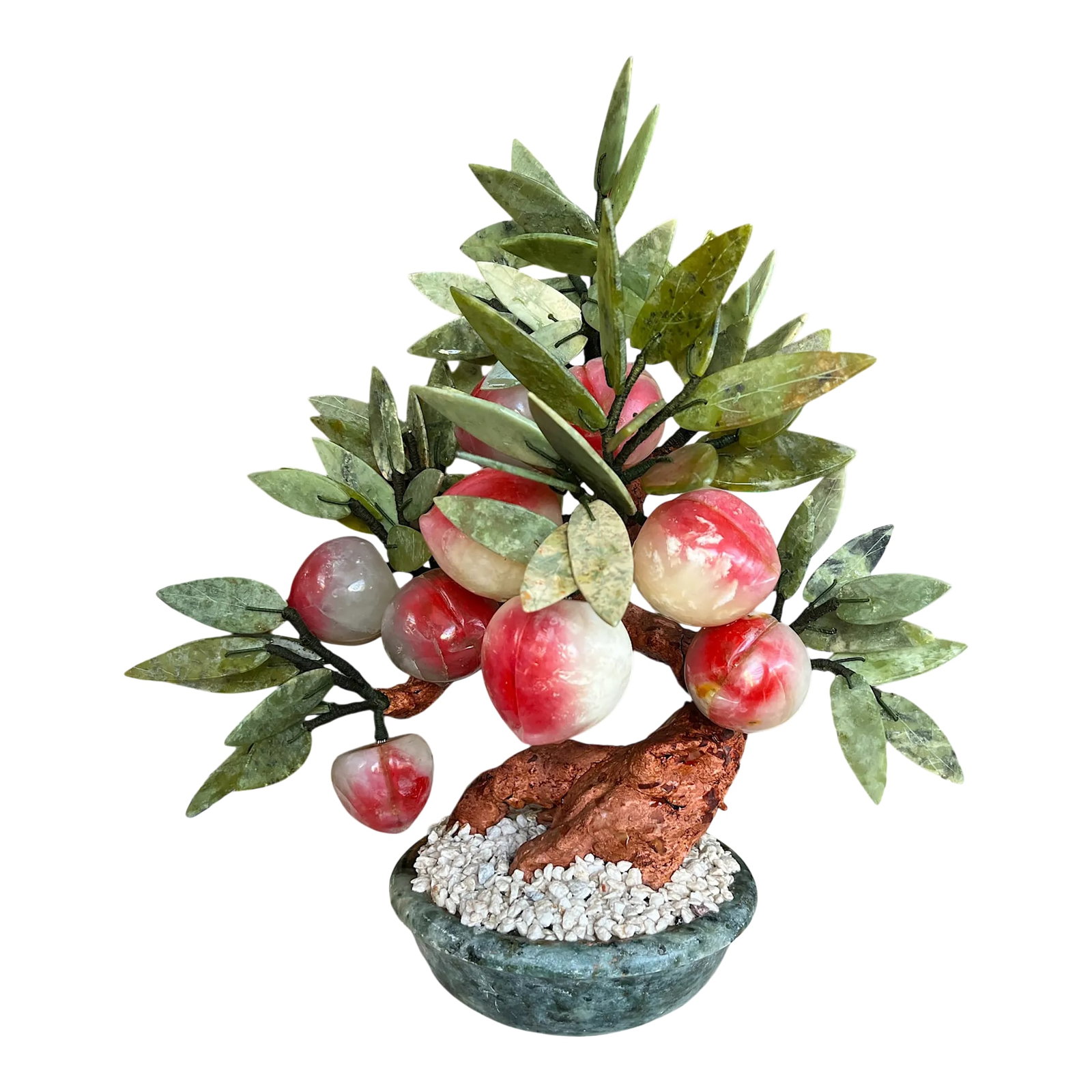 Mid 20th Century Vintage Jade Gemstone Bonsai Peach Tree Sculpture: Mid 20th century Jade gemstone peach tree sculpture crafted with intricate attention to detail. The sculpture features a lush arrangement of jade leaves, each with natural veining for a realistic