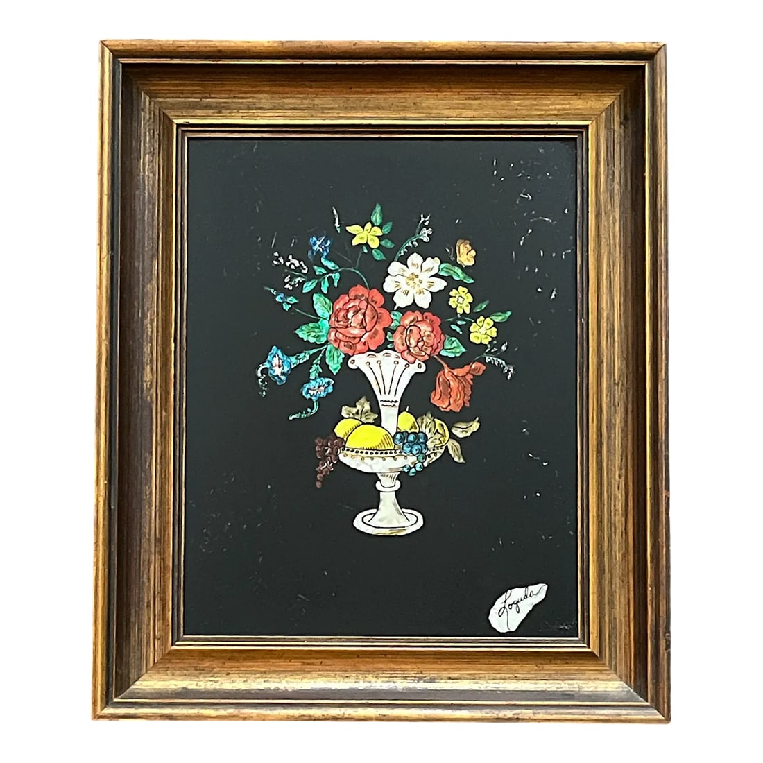 1940s Framed Silver Epergne Holding Flowers and Fruit Silver Foil Tinsel Painting: Gold framed silver foil painting of an epergne displaying fruits, including lemons and grapes as well as a variety of flowers in hues of red, yellow, white, and blue, accented by green foliage. Black