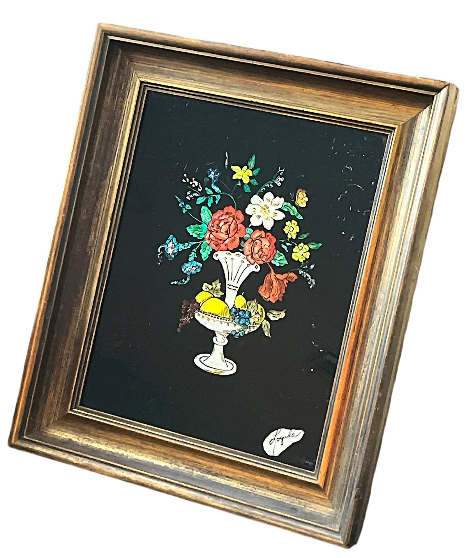 1940s Framed Silver Epergne Holding Flowers and Fruit Silver Foil Tinsel Painting - 2
