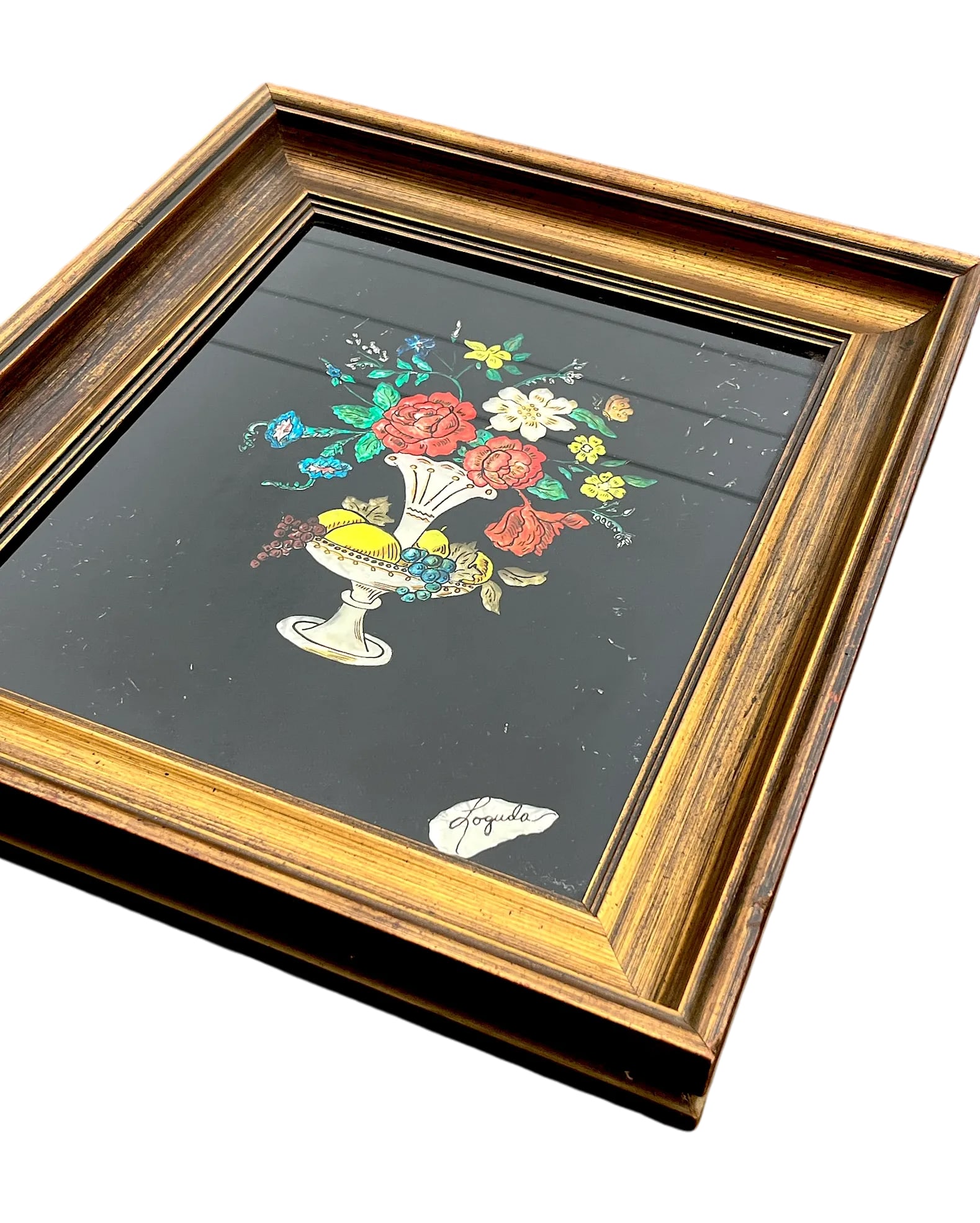 1940s Framed Silver Epergne Holding Flowers and Fruit Silver Foil Tinsel Painting - 3
