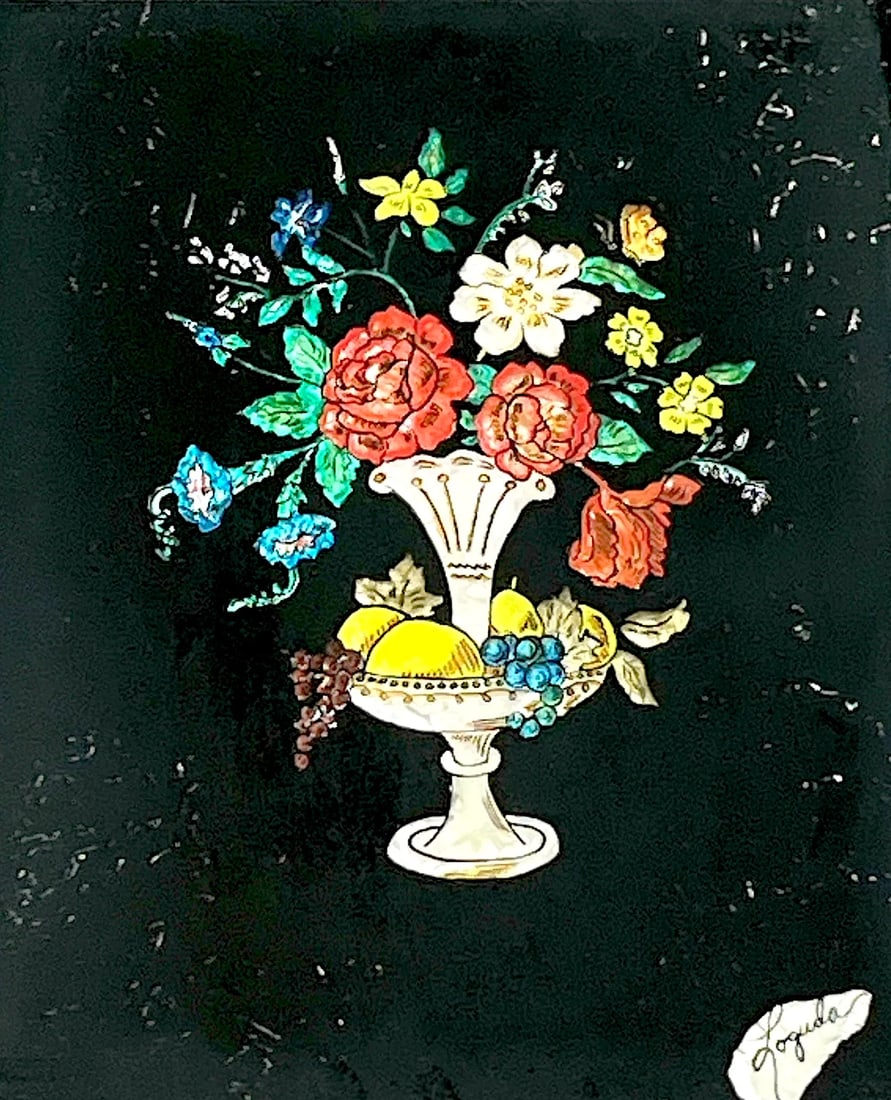 1940s Framed Silver Epergne Holding Flowers and Fruit Silver Foil Tinsel Painting - 4