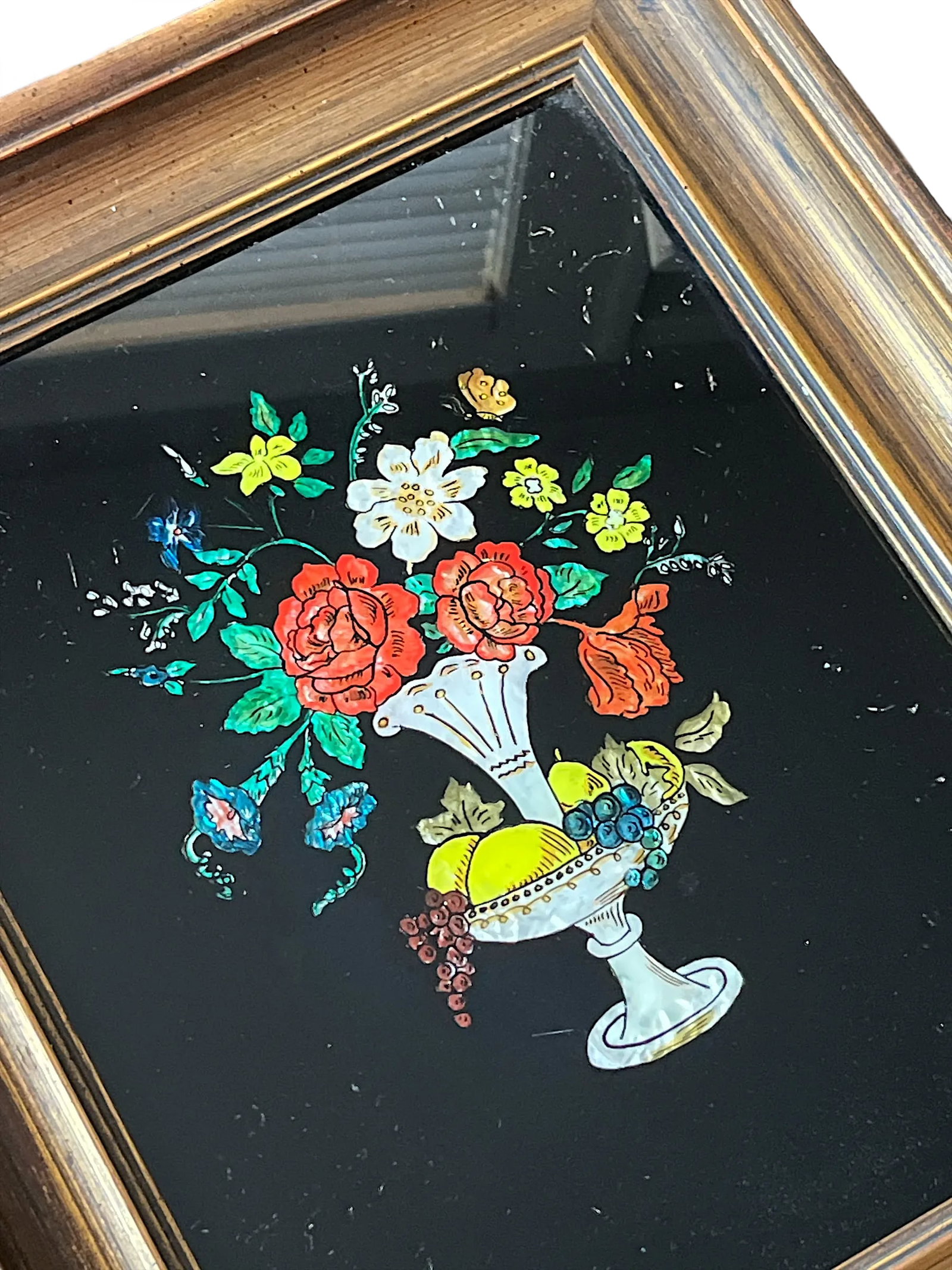 1940s Framed Silver Epergne Holding Flowers and Fruit Silver Foil Tinsel Painting - 5