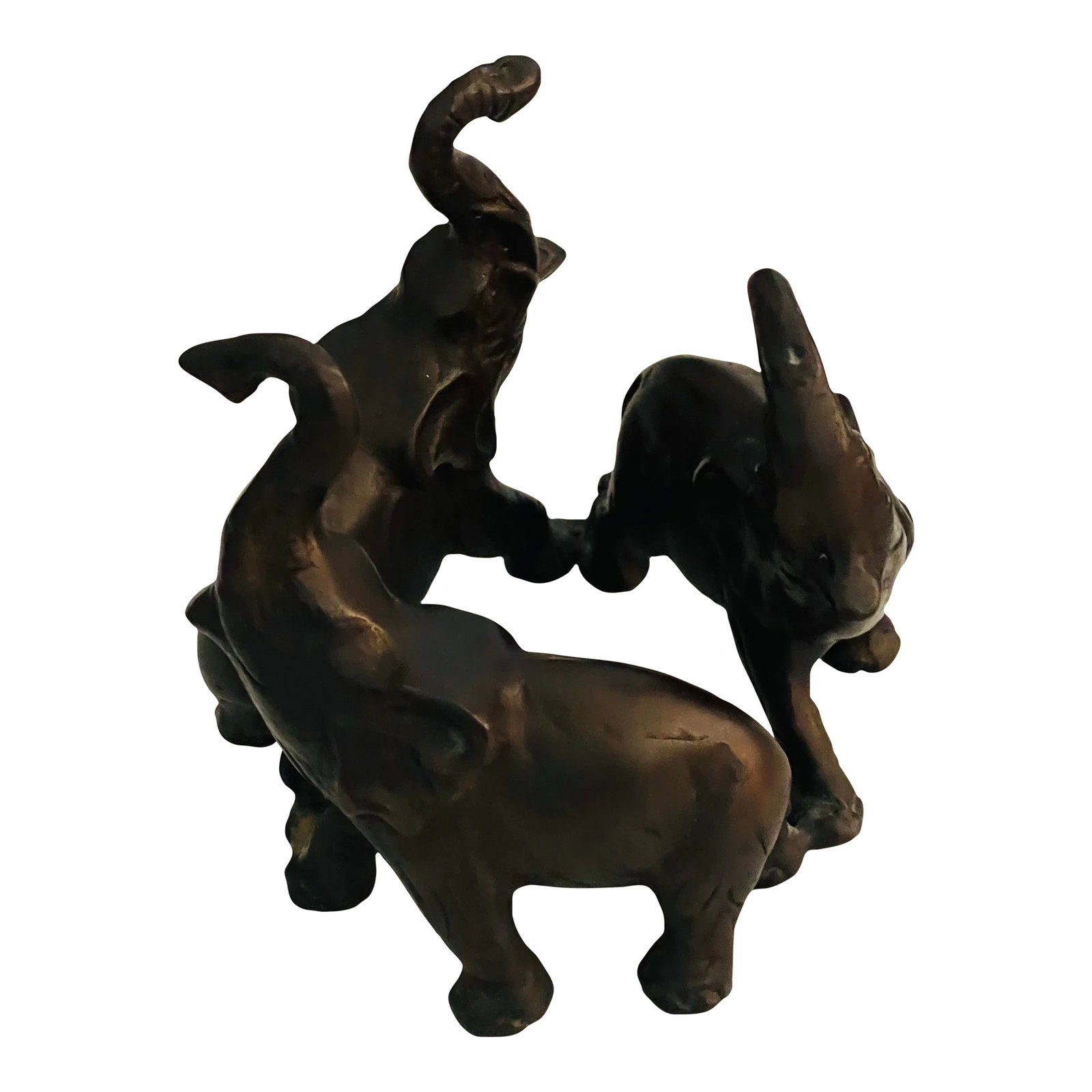 1970s Boho Vintage Bronze Elephants Sculpture Base: Three small elements haunts sculpture figurines . Made n bronze. Could serve as a base for a centerpiece. Condition: Alterations: Original Condition Unaltered Imperfections: Some Imperfections