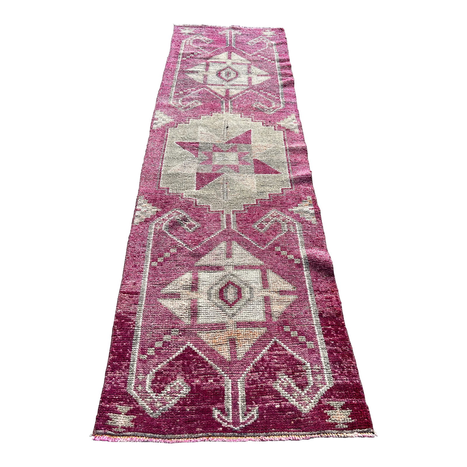 Vintage Handmade Magenta & Mint Color Oushak Rug: All rugs have been professionally cleaned; original condition is not altered, age-related wear is considered normal in these unique, hand woven vintage rugs. It is common for slight variations in wear