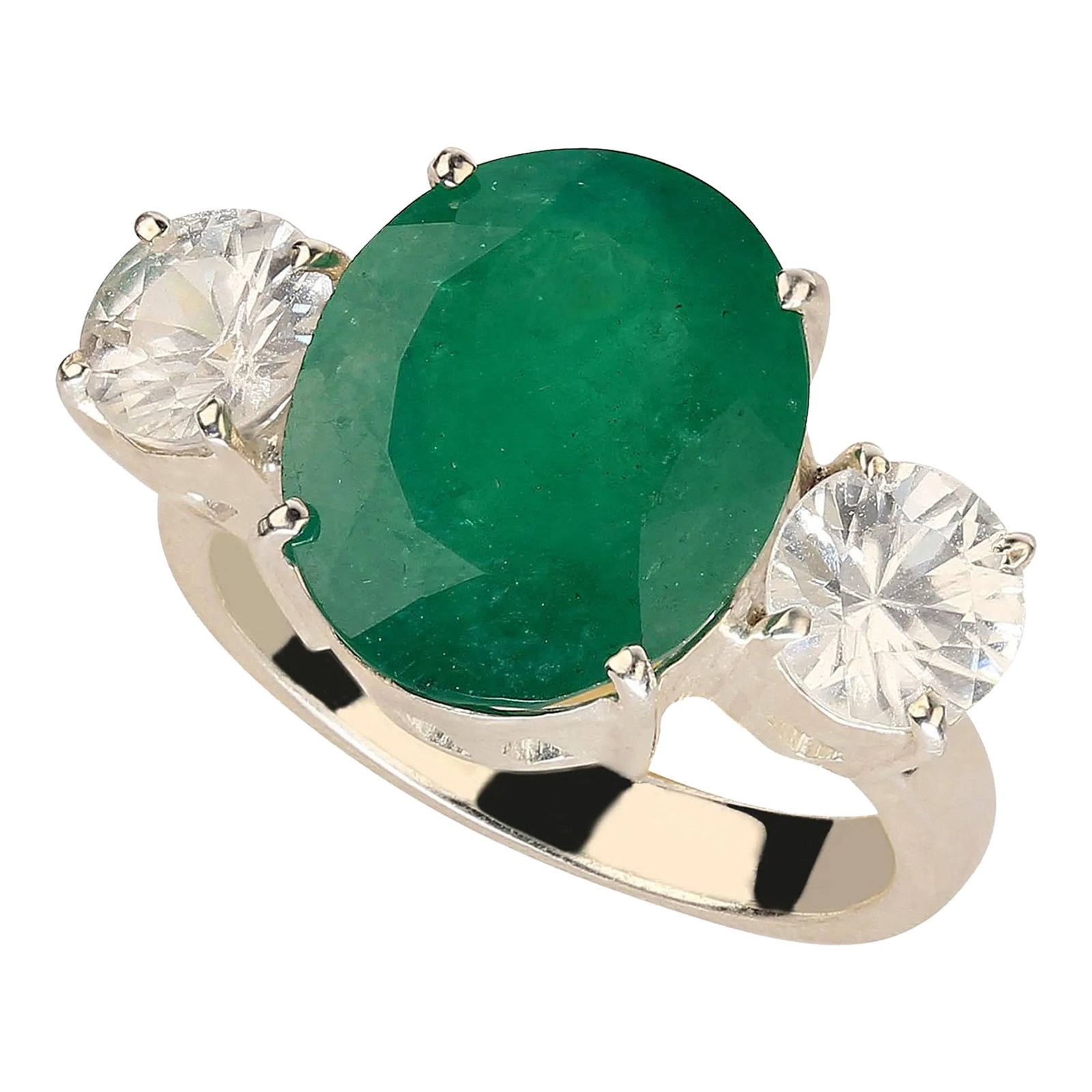 Statement Dinner Ring of Brazilian Emerald & Genuine Zircons in Silver Size 7: Introducing the Magnificent 6.46-Carat Brazilian Emerald Dinner Ring - a stunning statement piece that is sure to turn heads wherever you go. This exquisite ring features a large oval Brazilian
