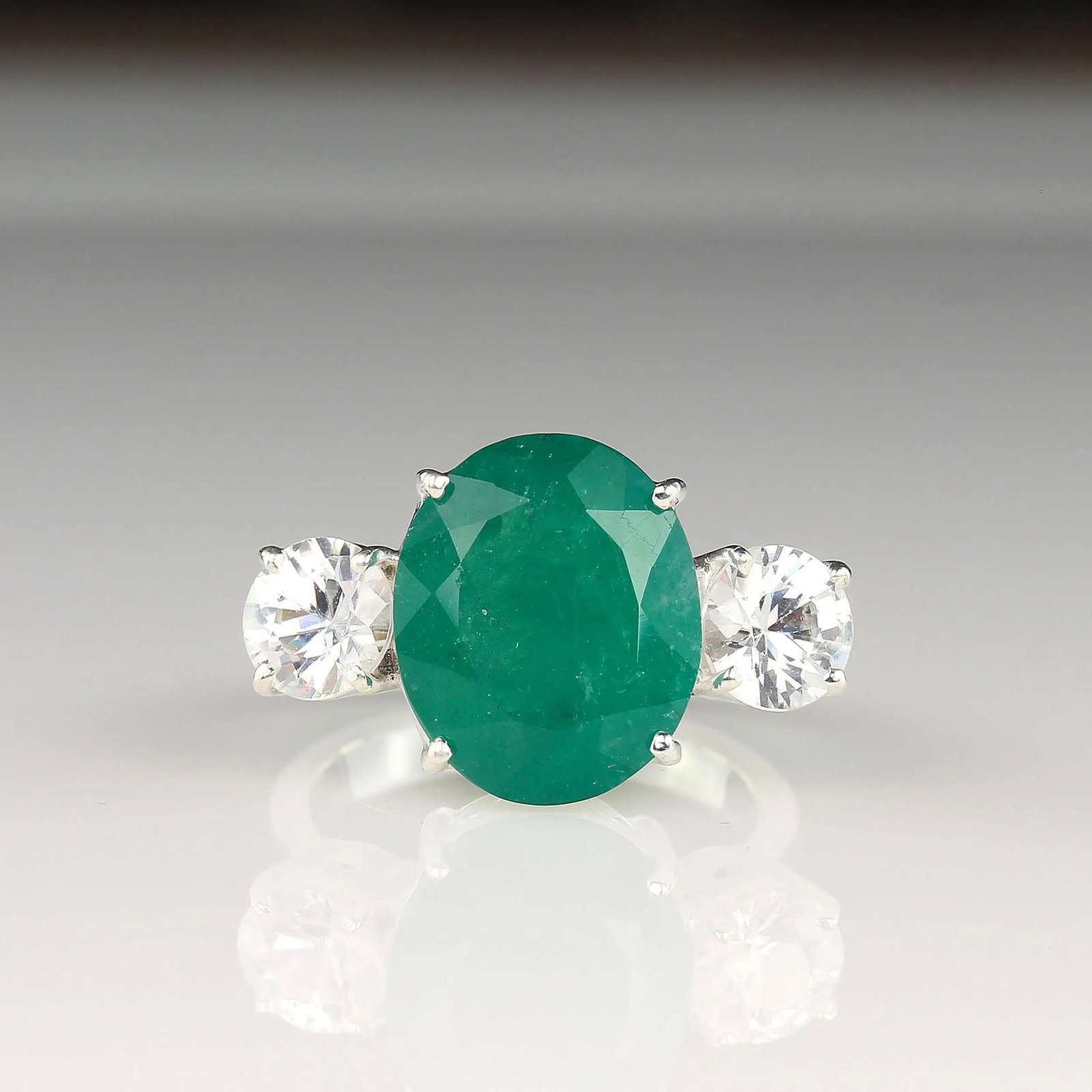 Statement Dinner Ring of Brazilian Emerald & Genuine Zircons in Silver Size 7 - 3