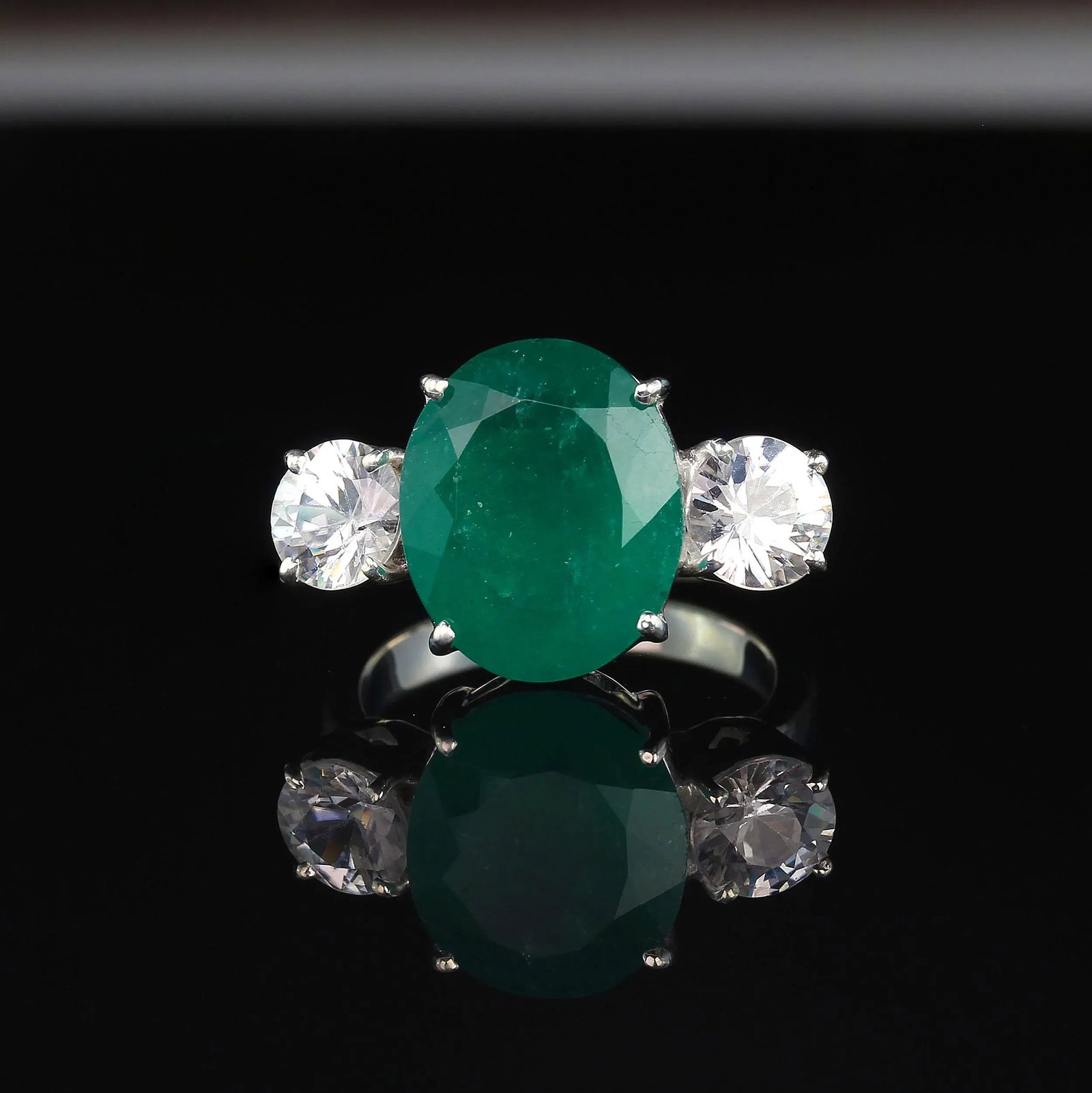 Statement Dinner Ring of Brazilian Emerald & Genuine Zircons in Silver Size 7 - 4