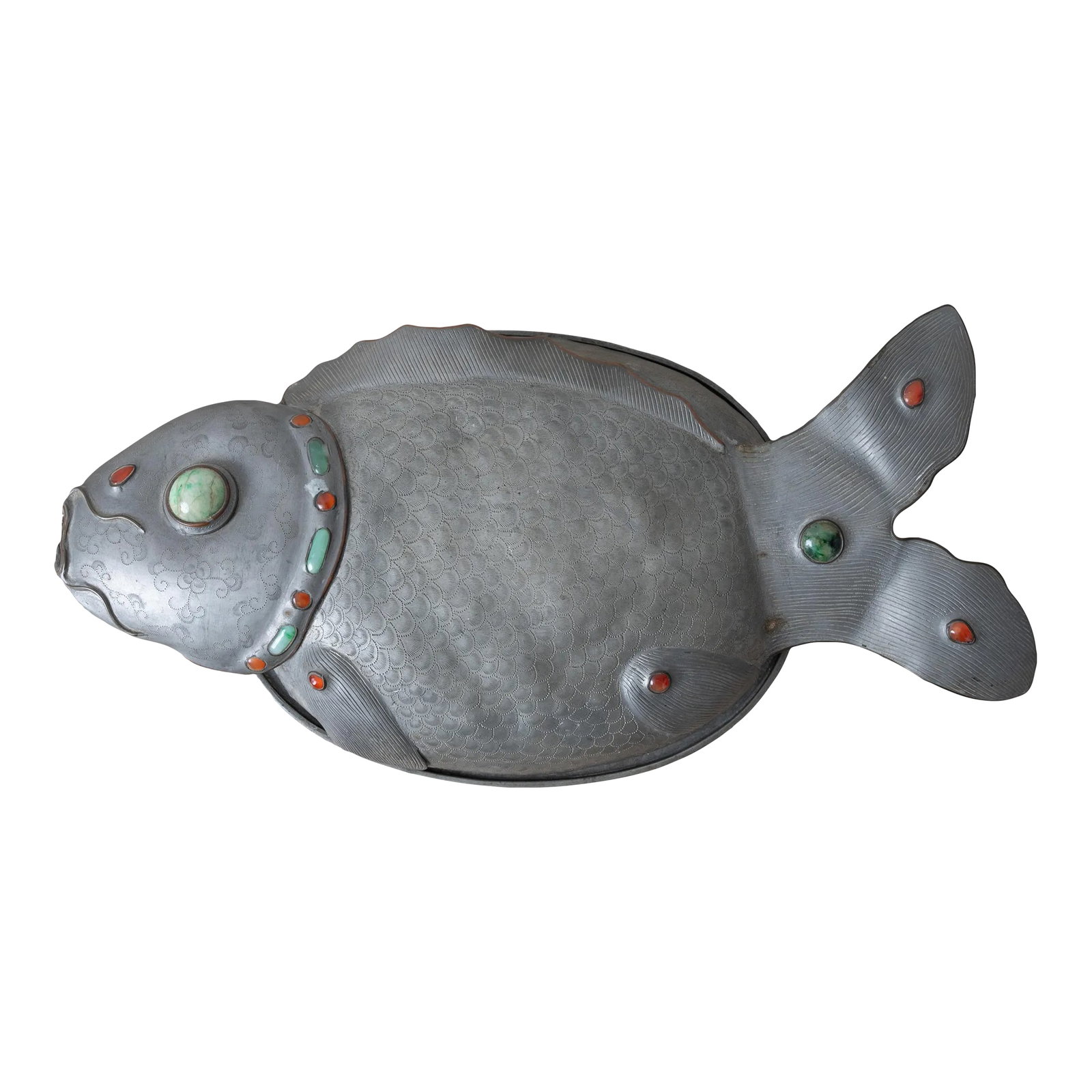 A Chinese Pewter Koi Fish Tureen, 19th Century: A Chinese pewter koi fish tureen or covered serving dish, 19th century. Marked underside of lid. 15 1/4 inches wide by 7 inches deep by 4 1/2 inches tall Condition: Alterations: Original Condition