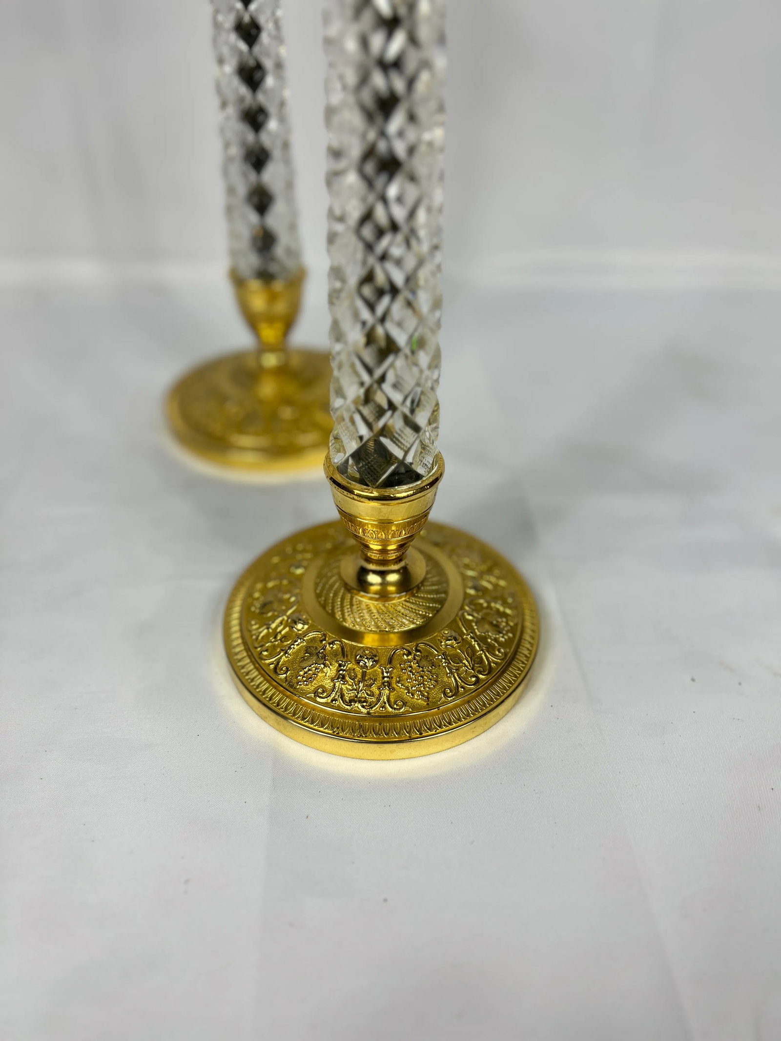 Pair, 19th Century Charles X Gilt Bronze & Crystal Candlesticks - 2