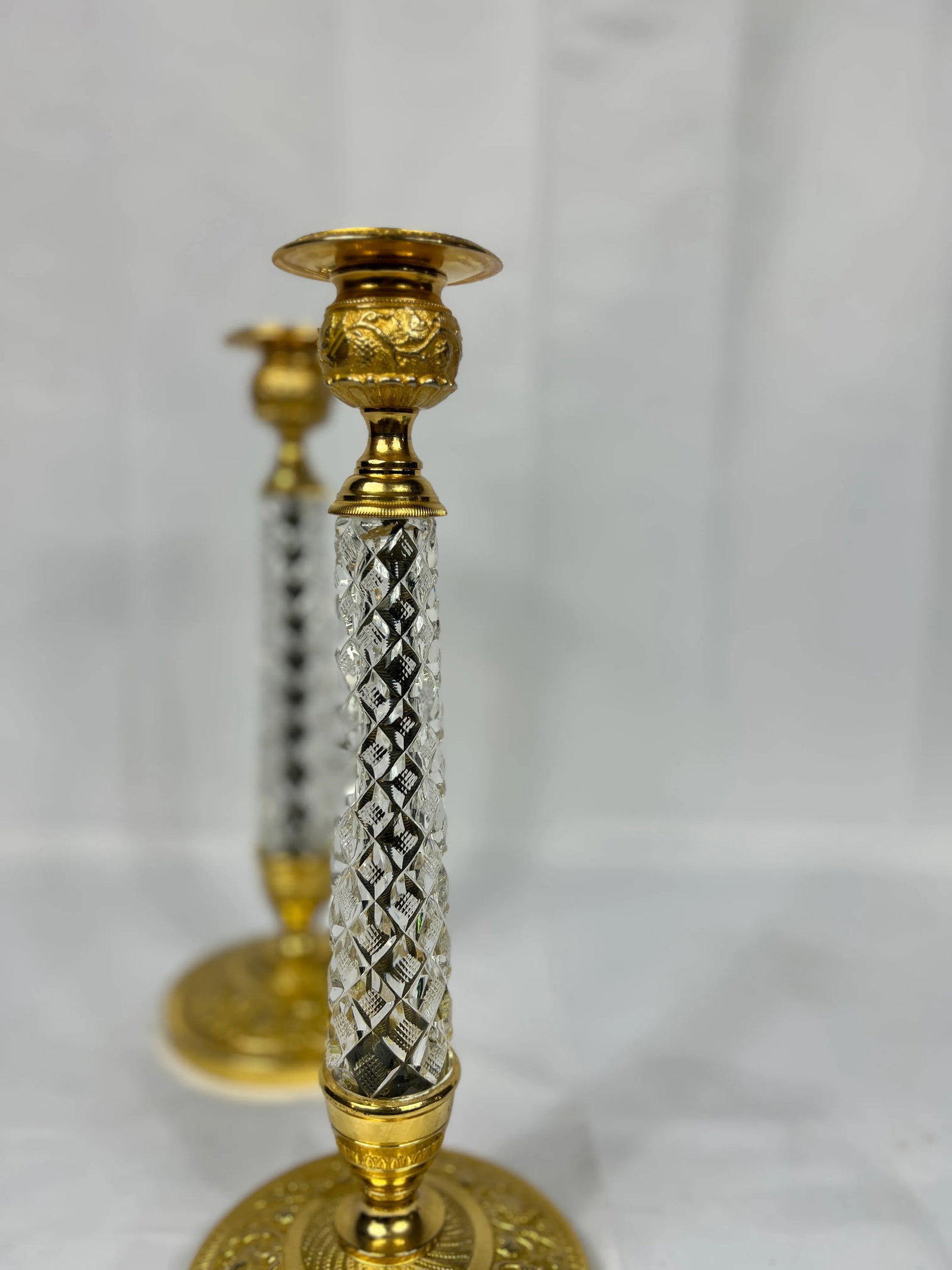 Pair, 19th Century Charles X Gilt Bronze & Crystal Candlesticks - 3
