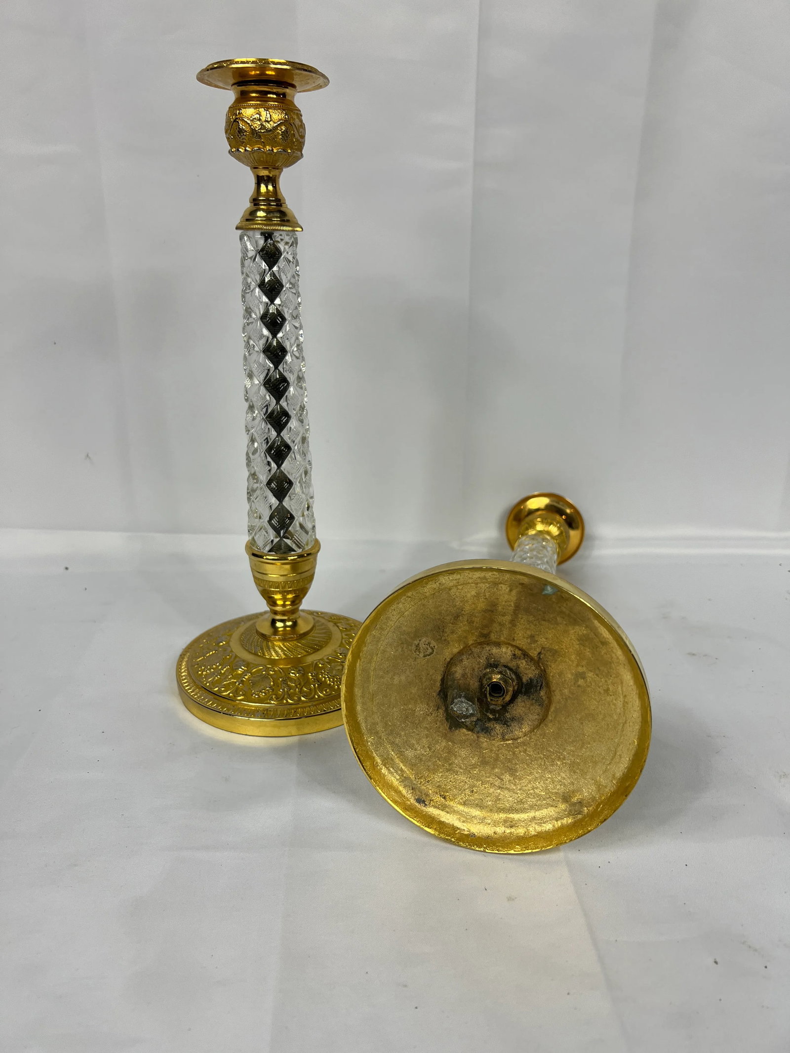 Pair, 19th Century Charles X Gilt Bronze & Crystal Candlesticks - 4