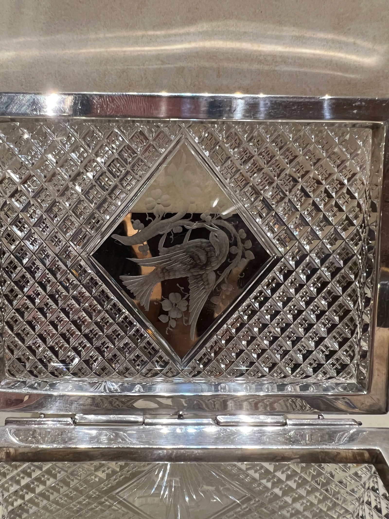 Fine Hawkes Cut Crystal & Sterling Silver Ornithological Motif Box - 11