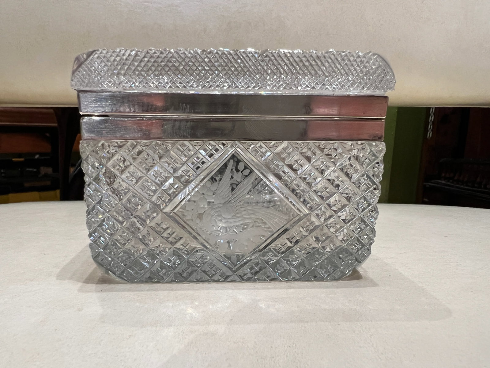 Fine Hawkes Cut Crystal & Sterling Silver Ornithological Motif Box - 2