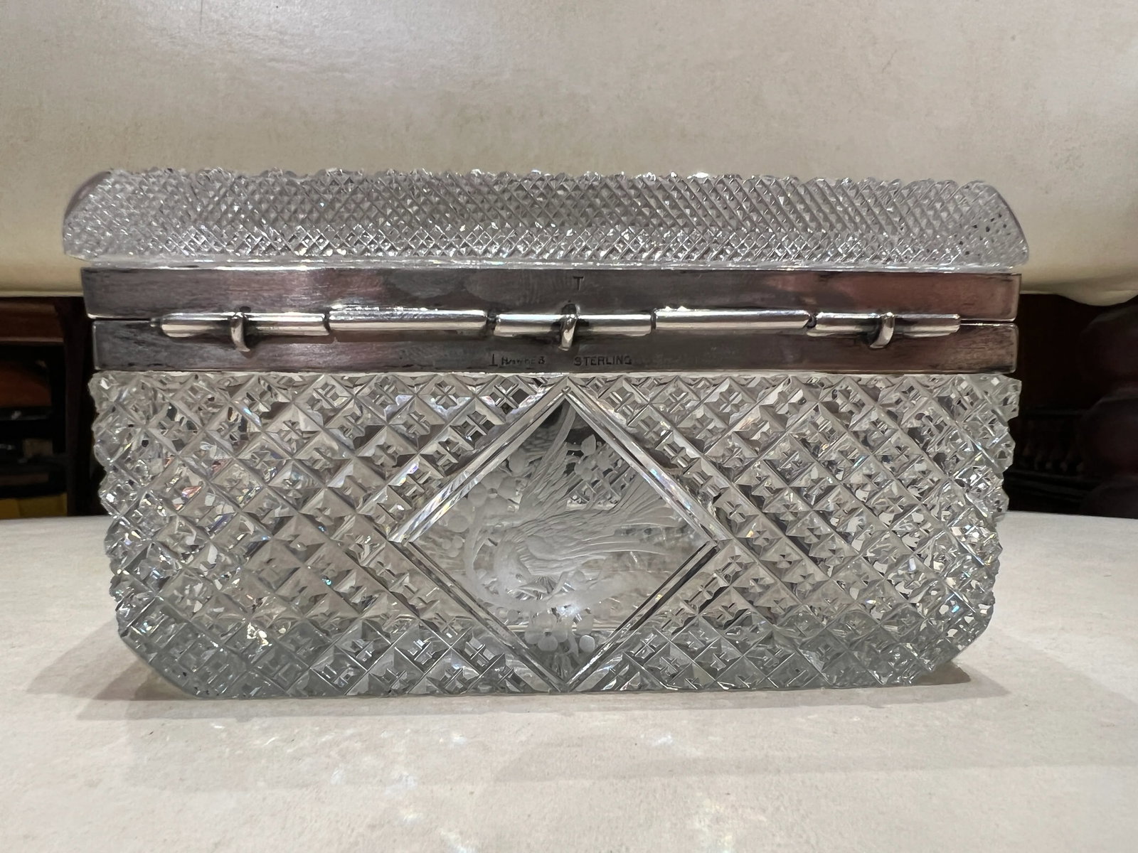 Fine Hawkes Cut Crystal & Sterling Silver Ornithological Motif Box - 3
