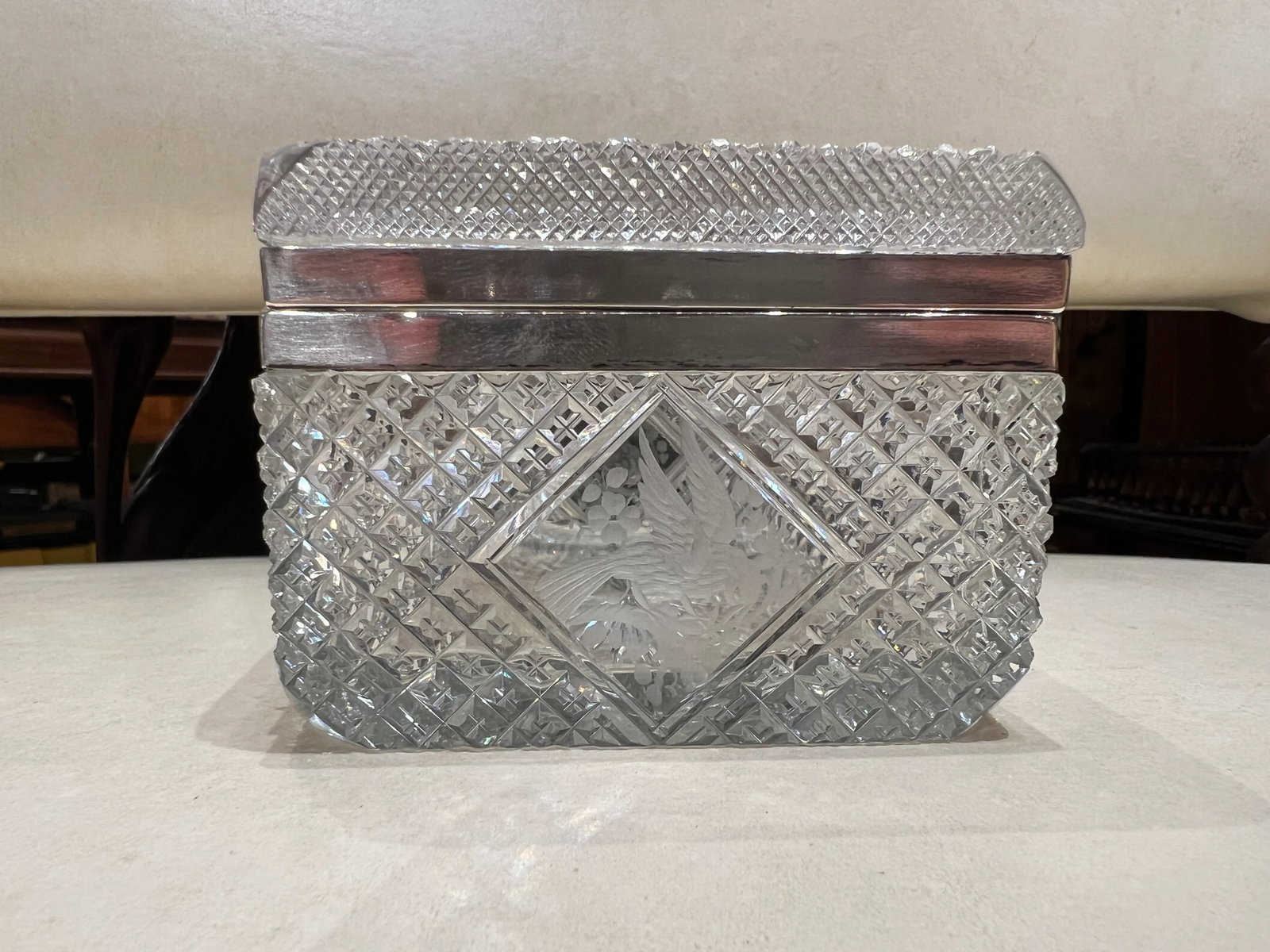 Fine Hawkes Cut Crystal & Sterling Silver Ornithological Motif Box - 4