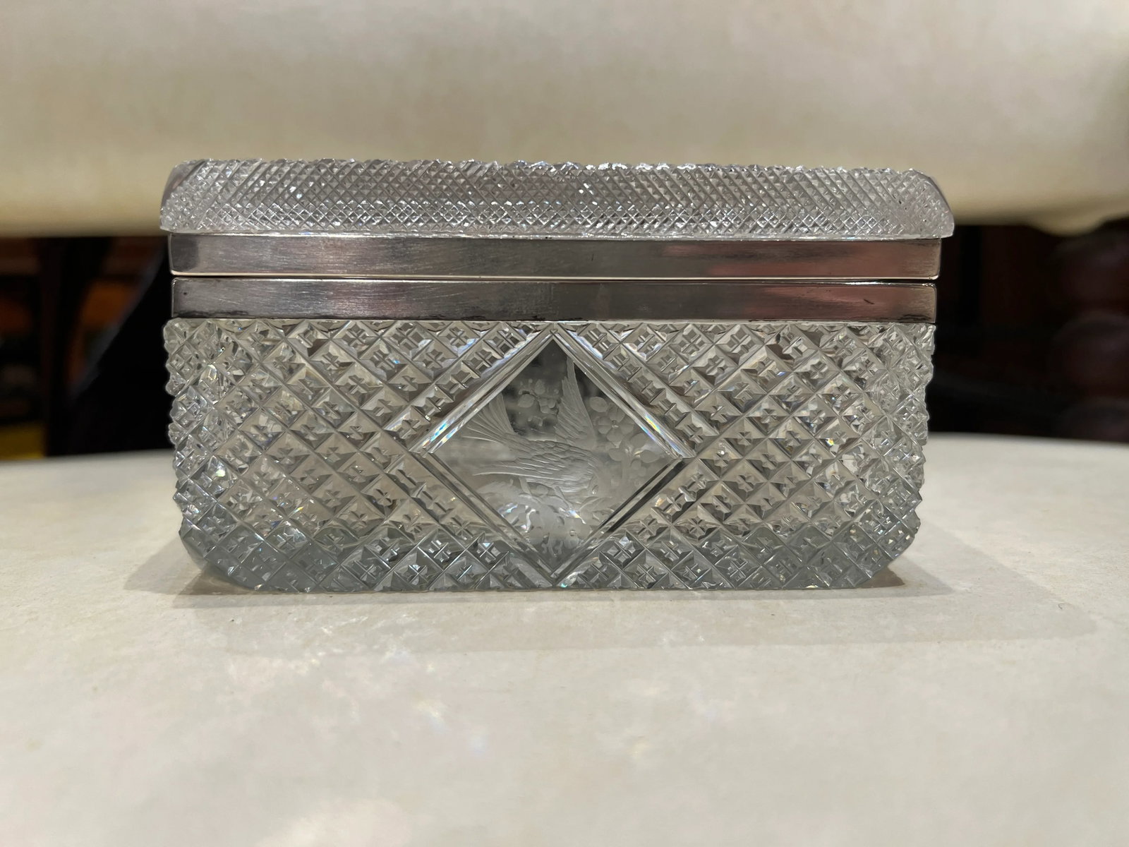 Fine Hawkes Cut Crystal & Sterling Silver Ornithological Motif Box - 5