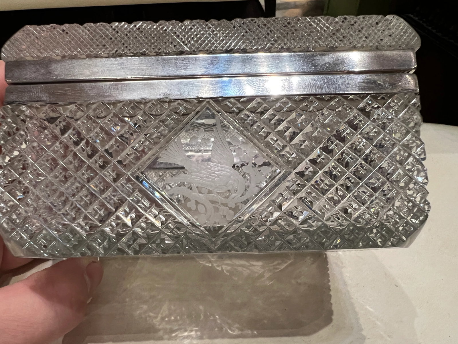 Fine Hawkes Cut Crystal & Sterling Silver Ornithological Motif Box - 9