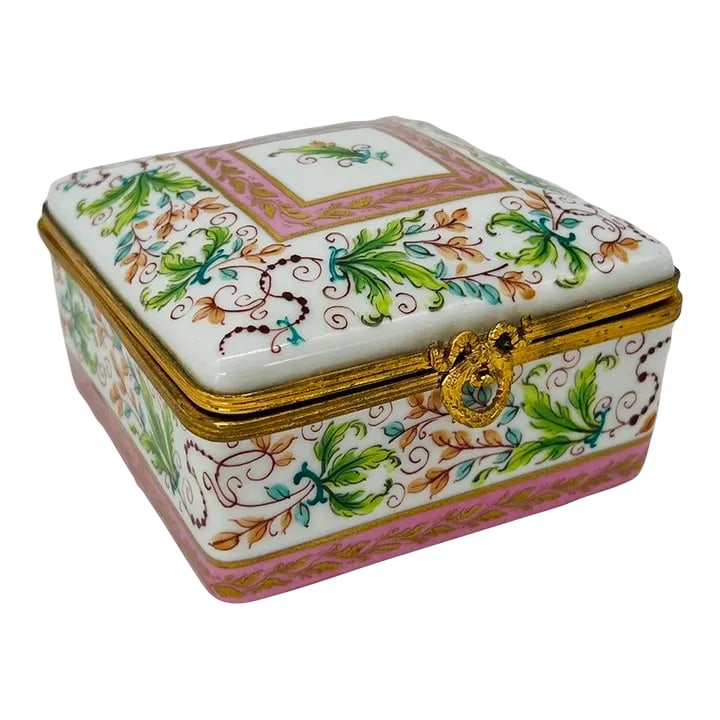 Vintage Le Tallec Enamel Decorated & Gilt Porcelain Box Circa 1982 for Saks: This stunning vintage Le Tallec porcelain box, created circa 1982 exclusively for Saks Fifth Avenue, showcases Le Tallec's exceptional craftsmanship and refined design. The box is richly adorned with 